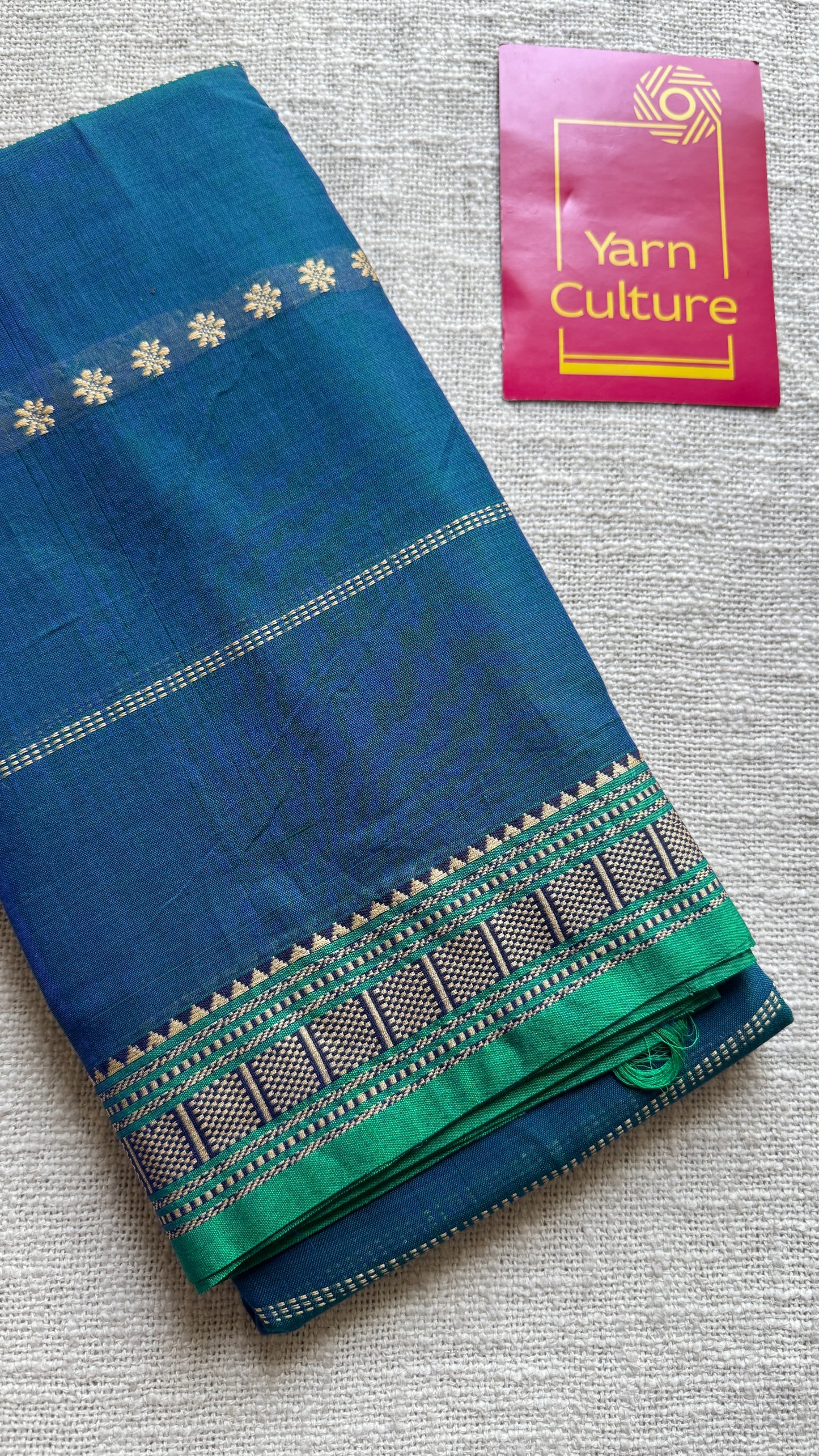 Peacock blue with Green premium narayanpet with cream motif pattern
