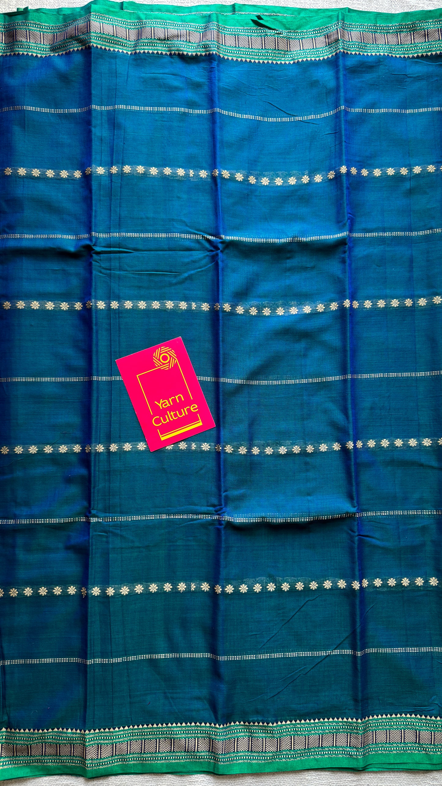 Peacock blue with Green premium narayanpet with cream motif pattern