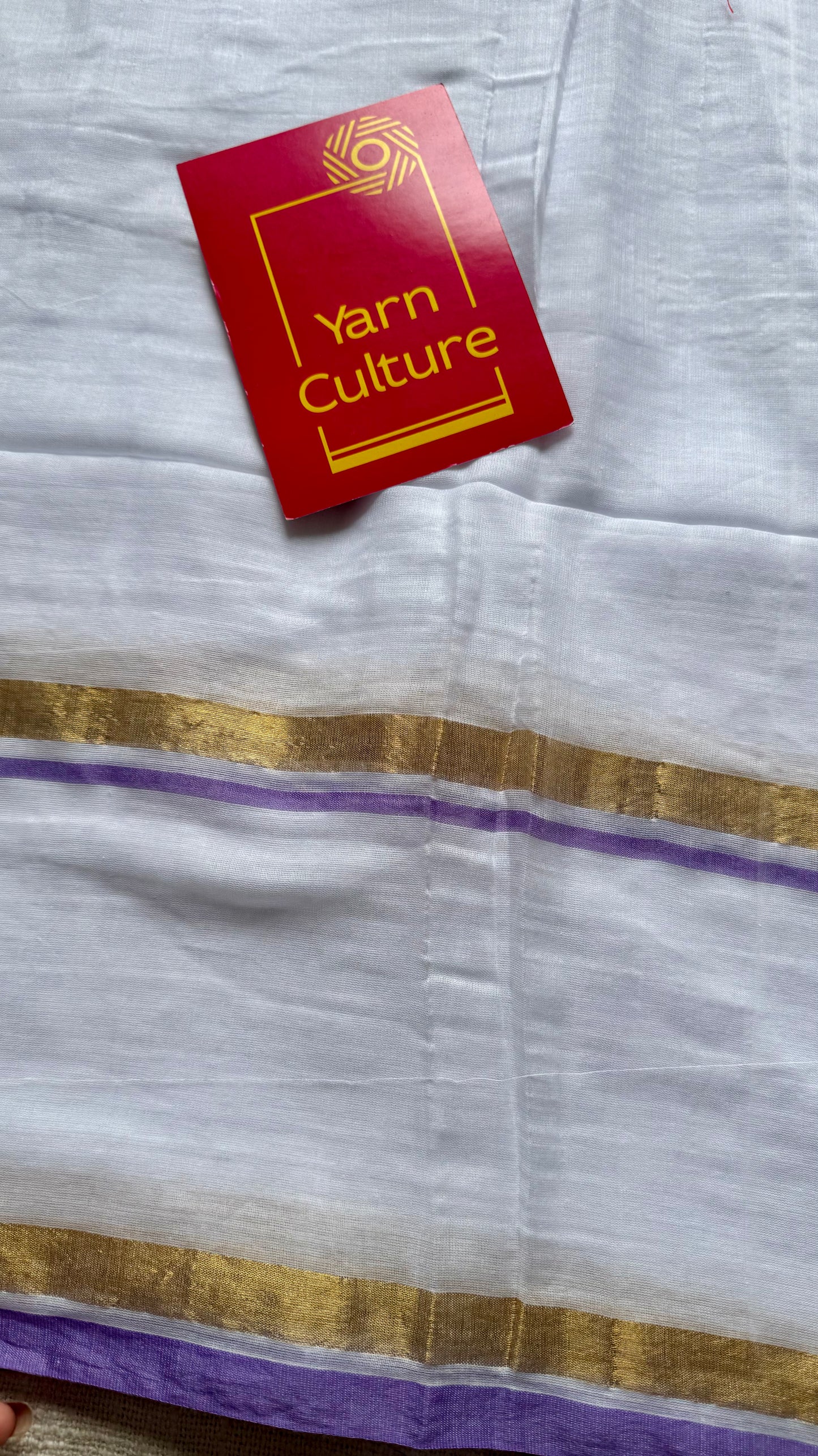 White with violet and gold stripe border, mul cotton - YCON25BCM17