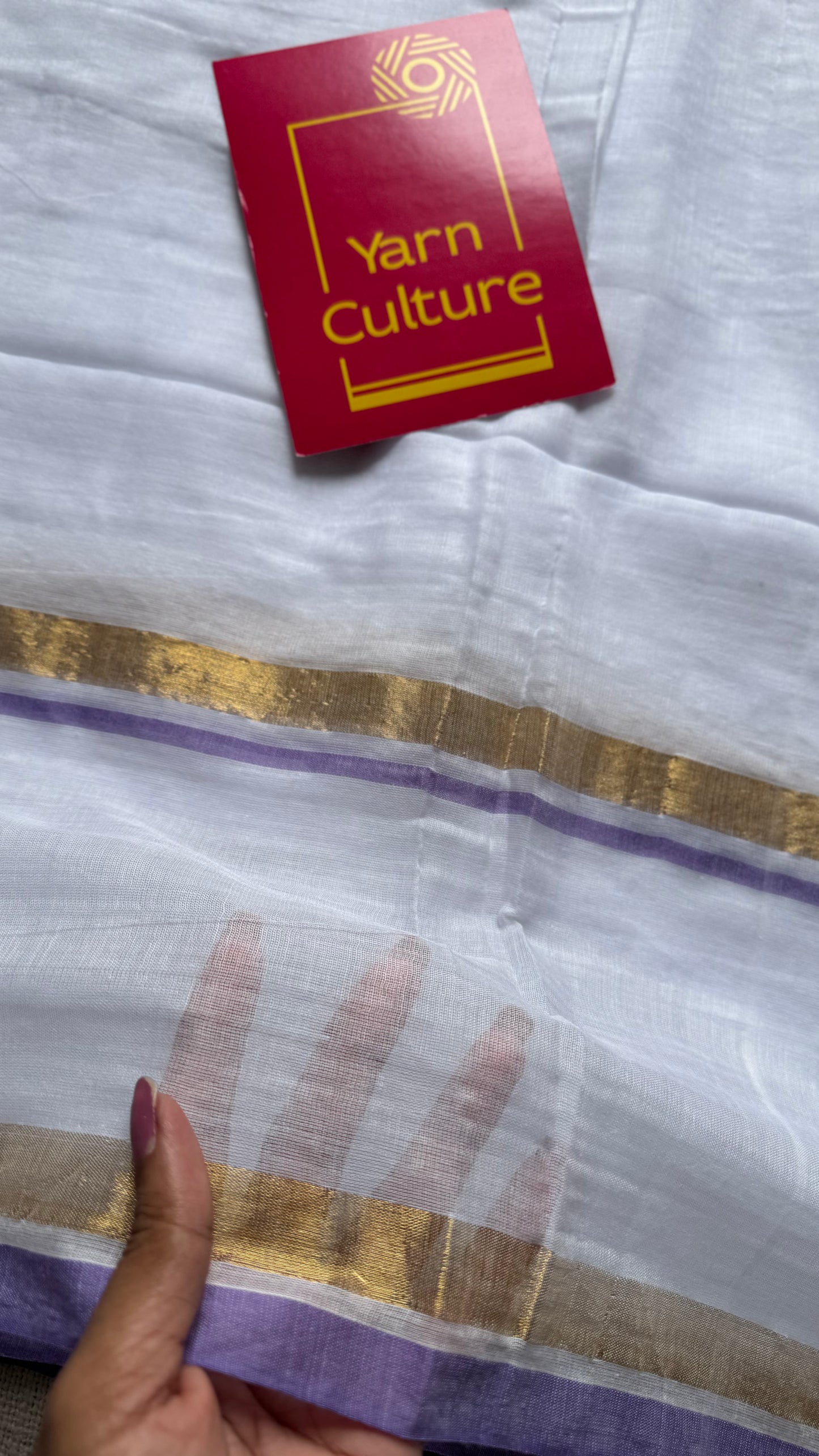 White with violet and gold stripe border, mul cotton - YCON25BCM17