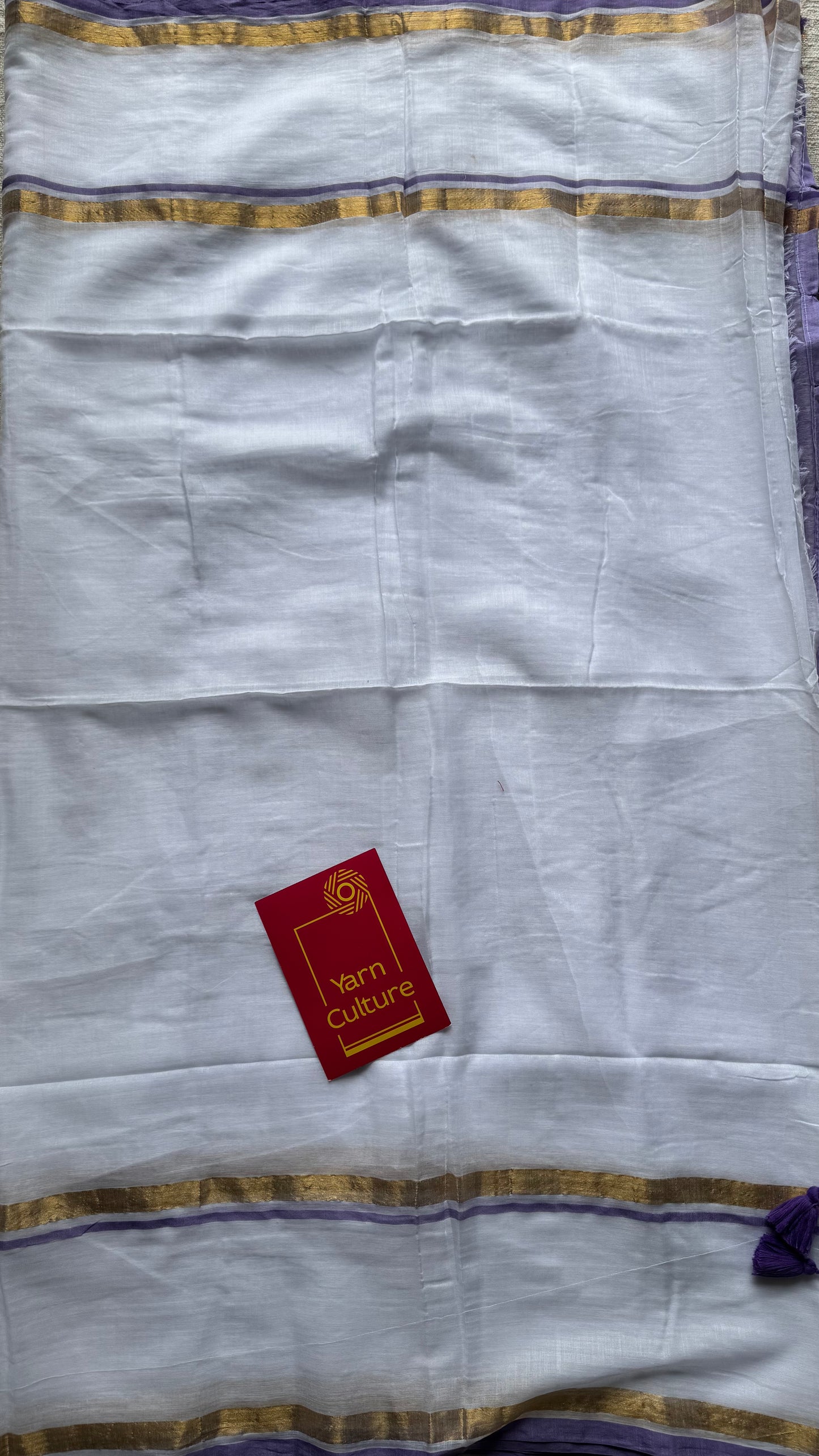 White with violet and gold stripe border, mul cotton - YCON25BCM17