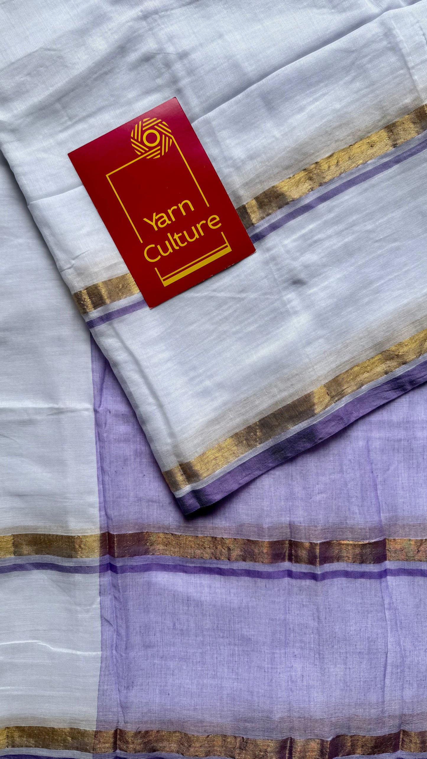 White with violet and gold stripe border, mul cotton - YCON25BCM17