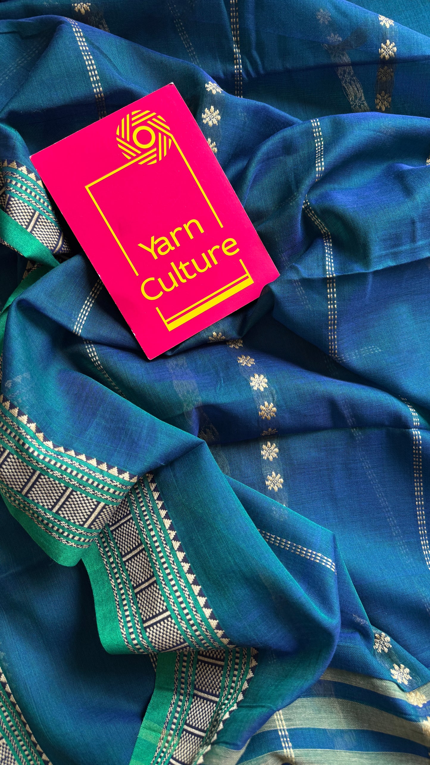 Peacock blue with Green premium narayanpet with cream motif pattern