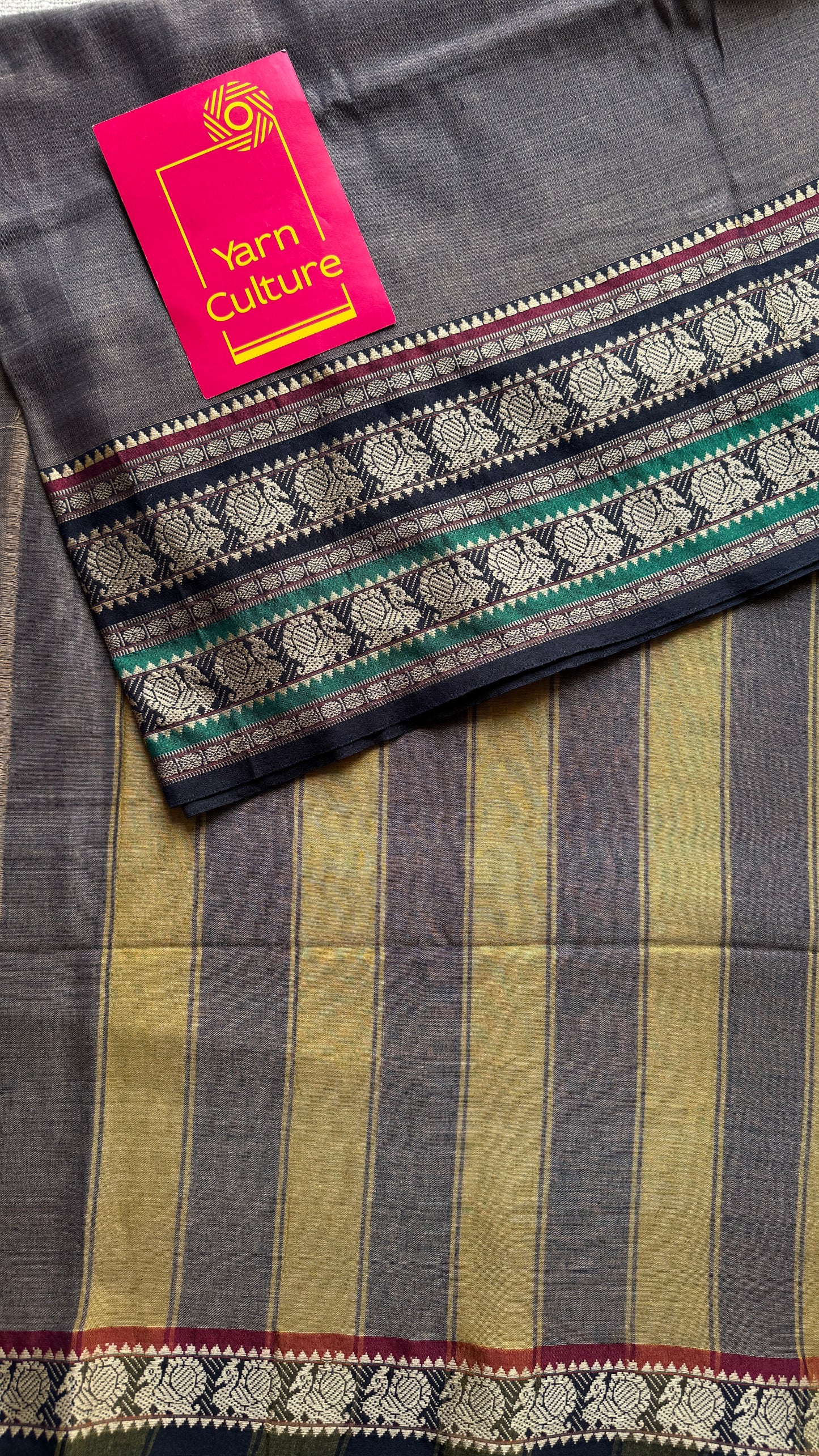 Grey with black motif border premium narayanpet cotton
