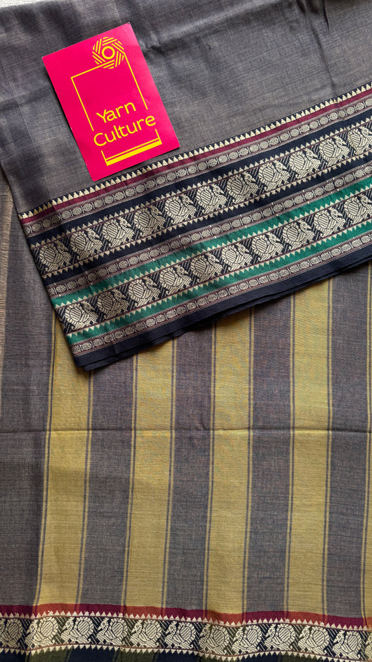 Grey with black motif border premium narayanpet cotton
