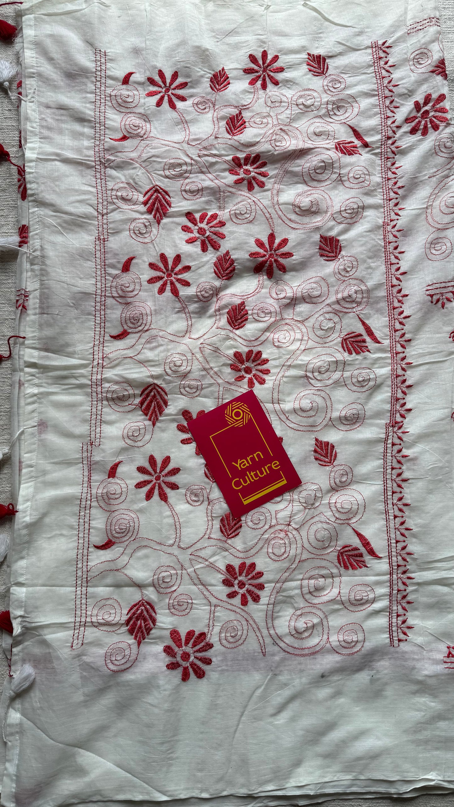 Ivory soft cotton with red kantha threadwork - YCON25BCKW23