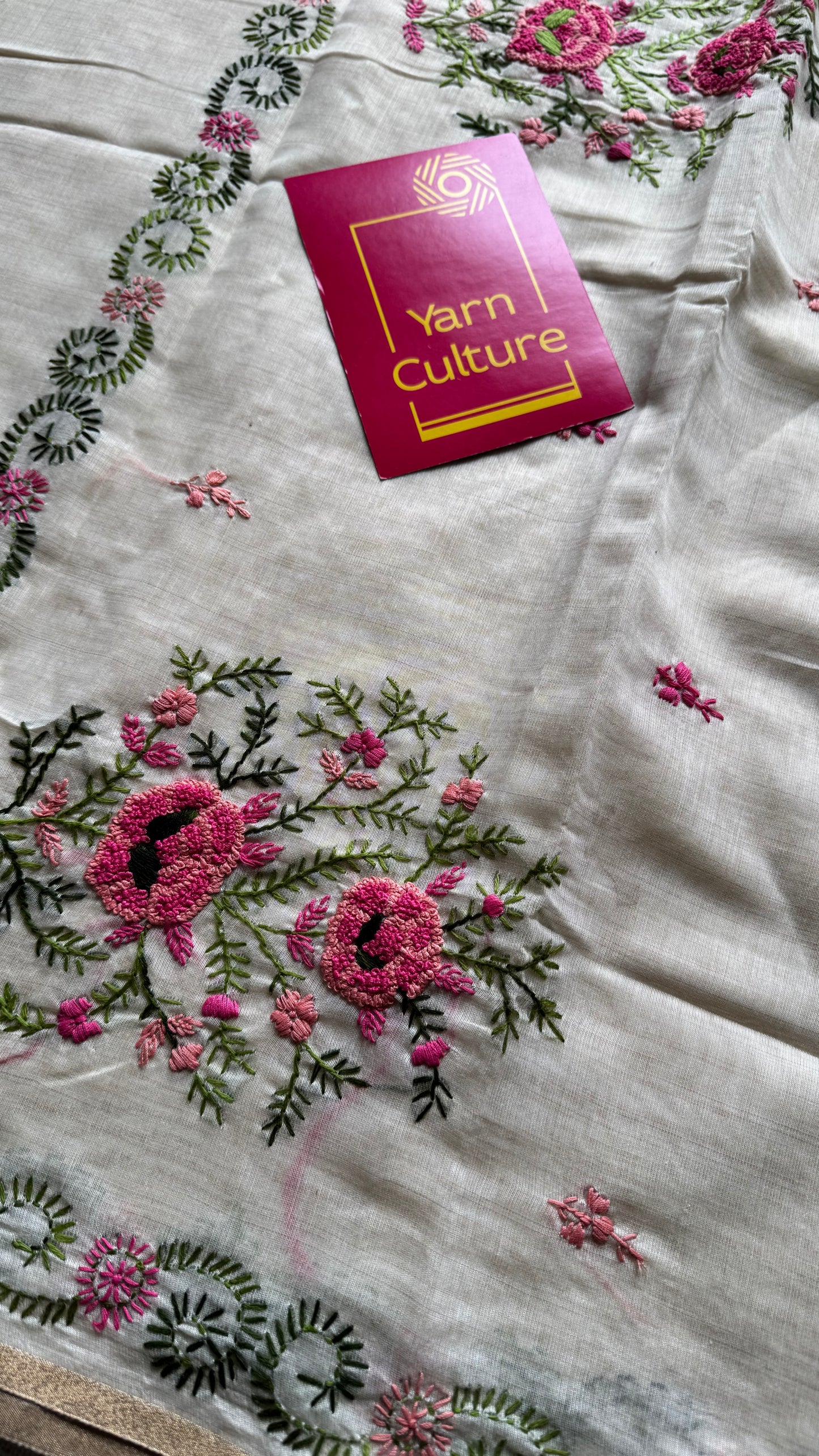 Ivory cotton silk with floral kantha threadwork - YCON25BCKW32
