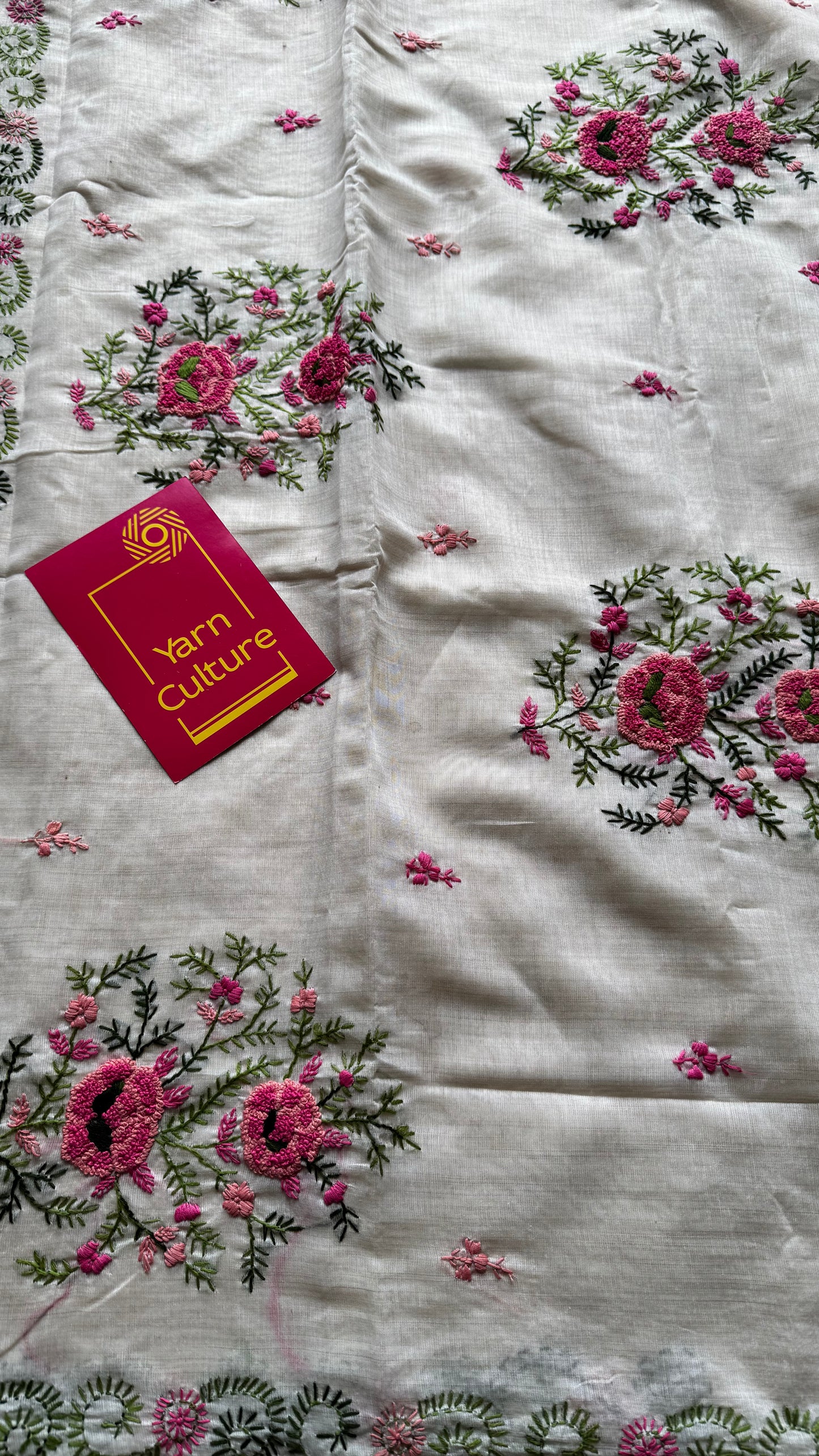 Ivory cotton silk with floral kantha threadwork - YCON25BCKW32