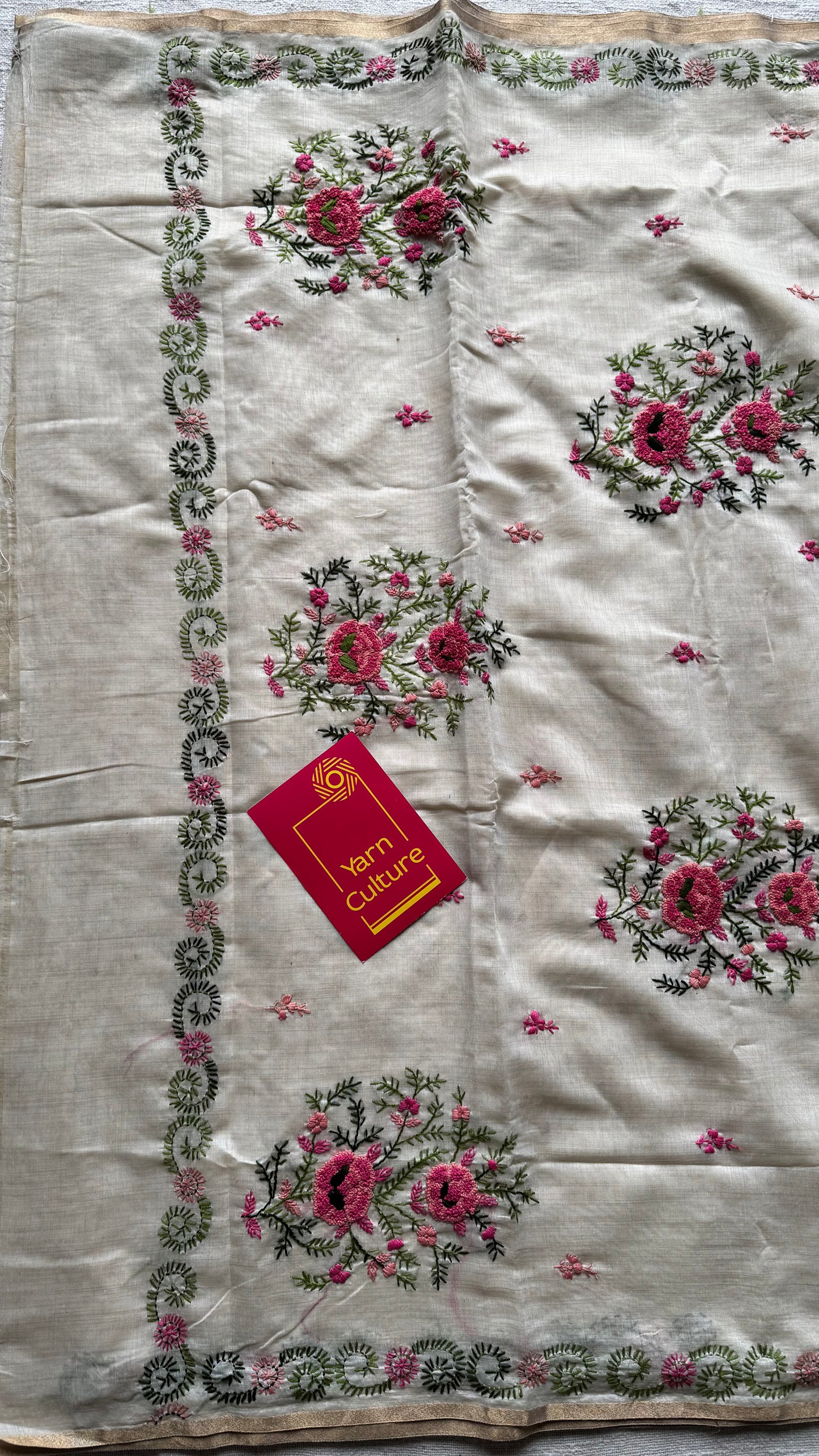 Ivory cotton silk with floral kantha threadwork - YCON25BCKW32
