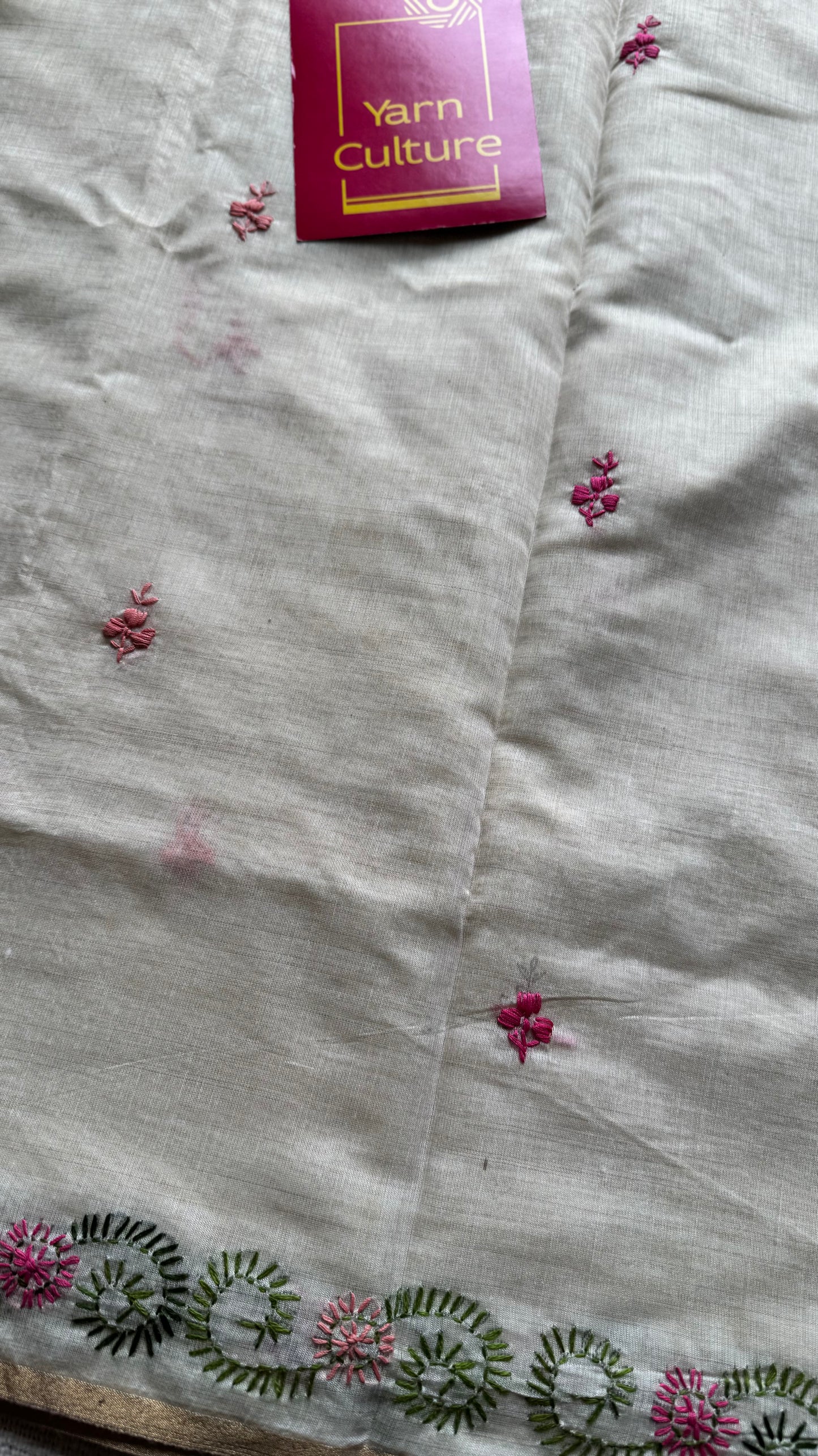 Ivory cotton silk with floral kantha threadwork - YCON25BCKW32