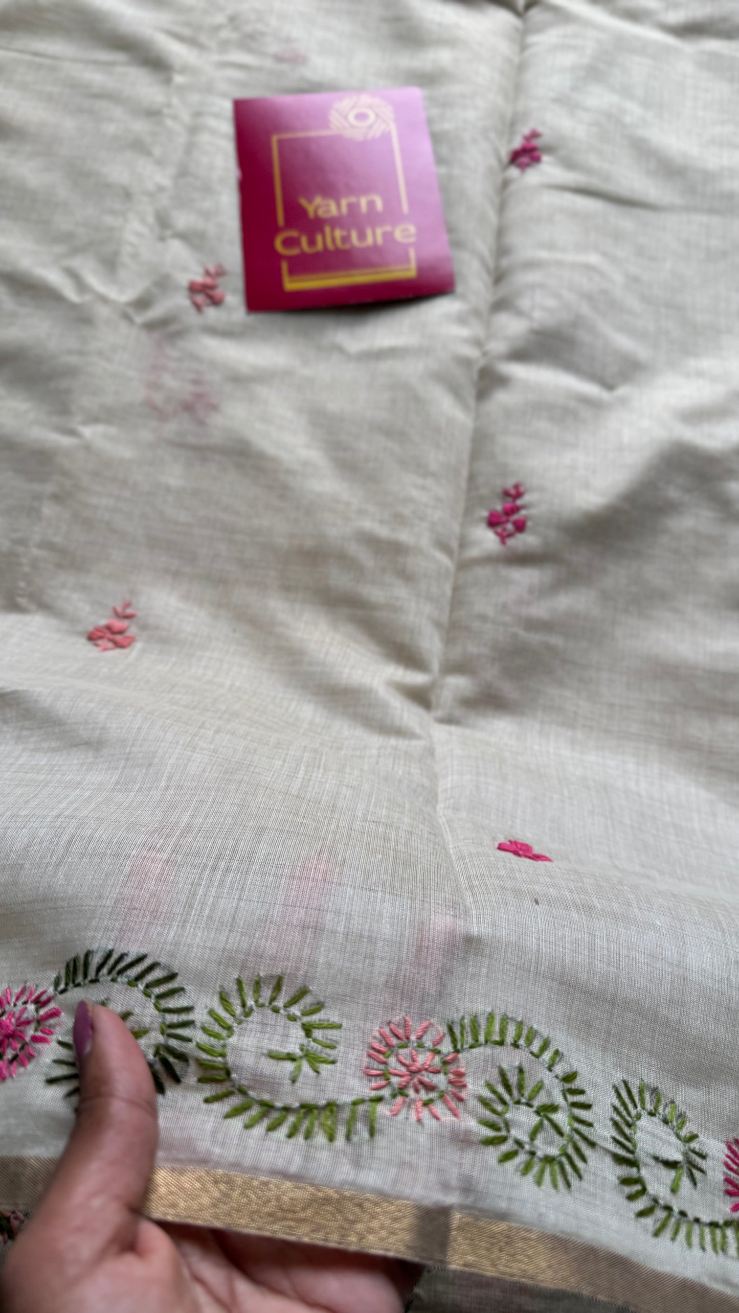 Ivory cotton silk with floral kantha threadwork - YCON25BCKW32