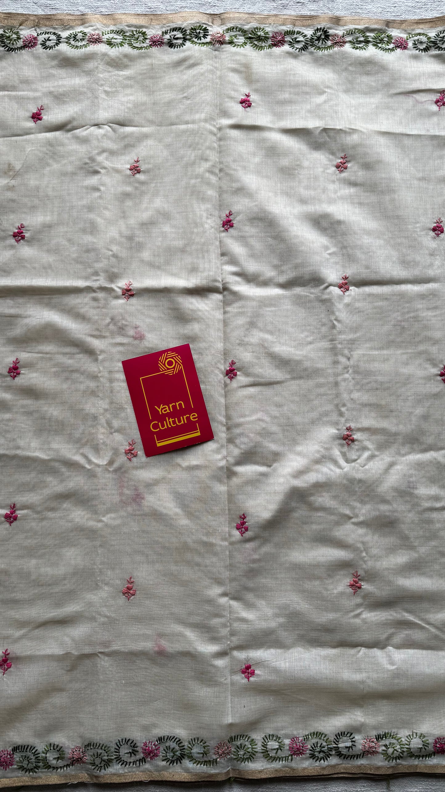 Ivory cotton silk with floral kantha threadwork - YCON25BCKW32