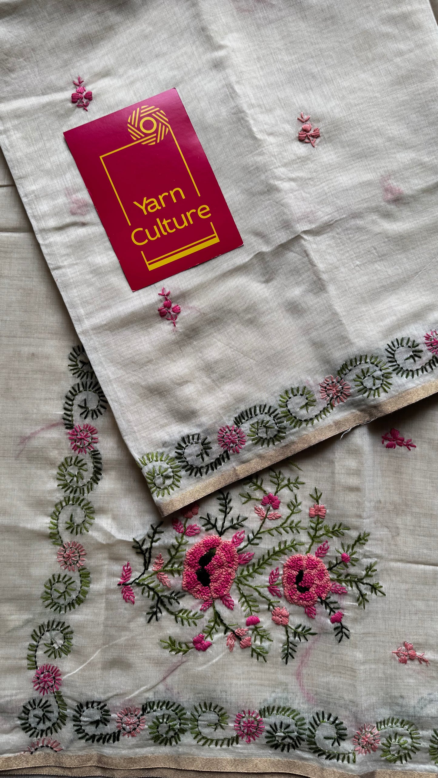 Ivory cotton silk with floral kantha threadwork - YCON25BCKW32