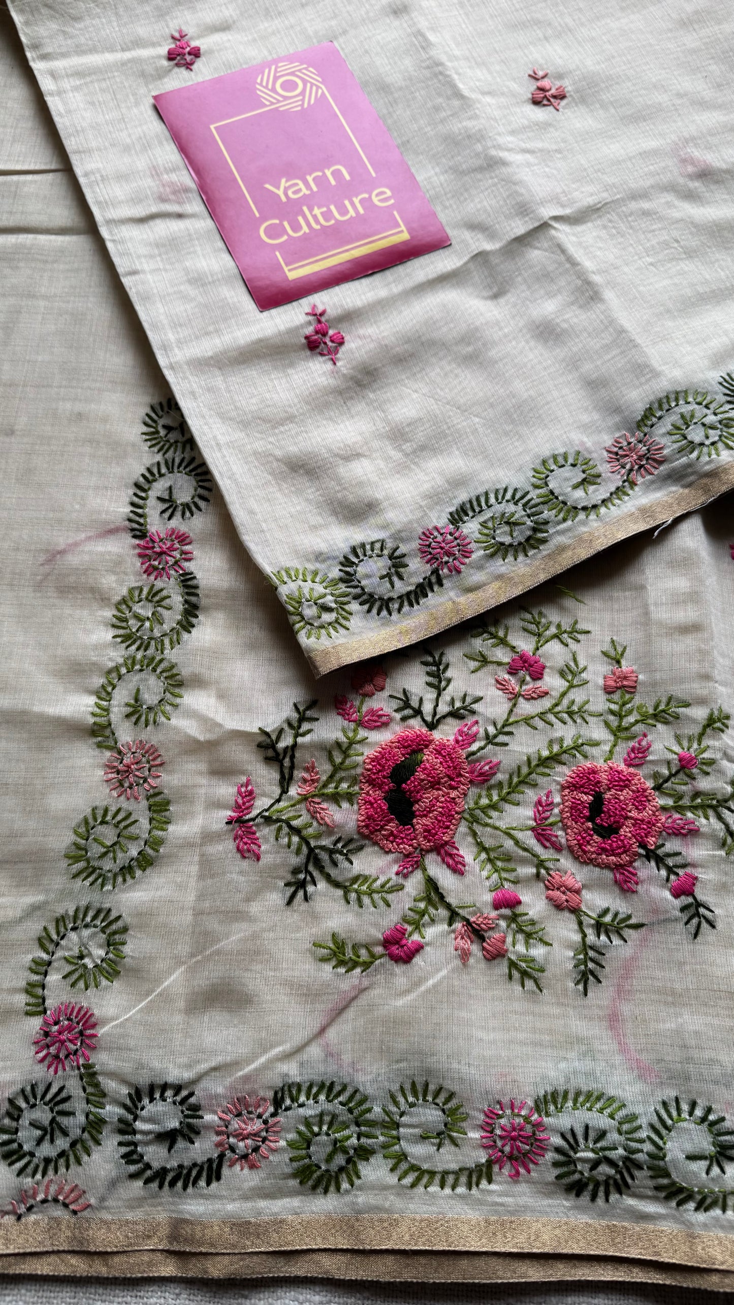 Ivory cotton silk with floral kantha threadwork - YCON25BCKW32