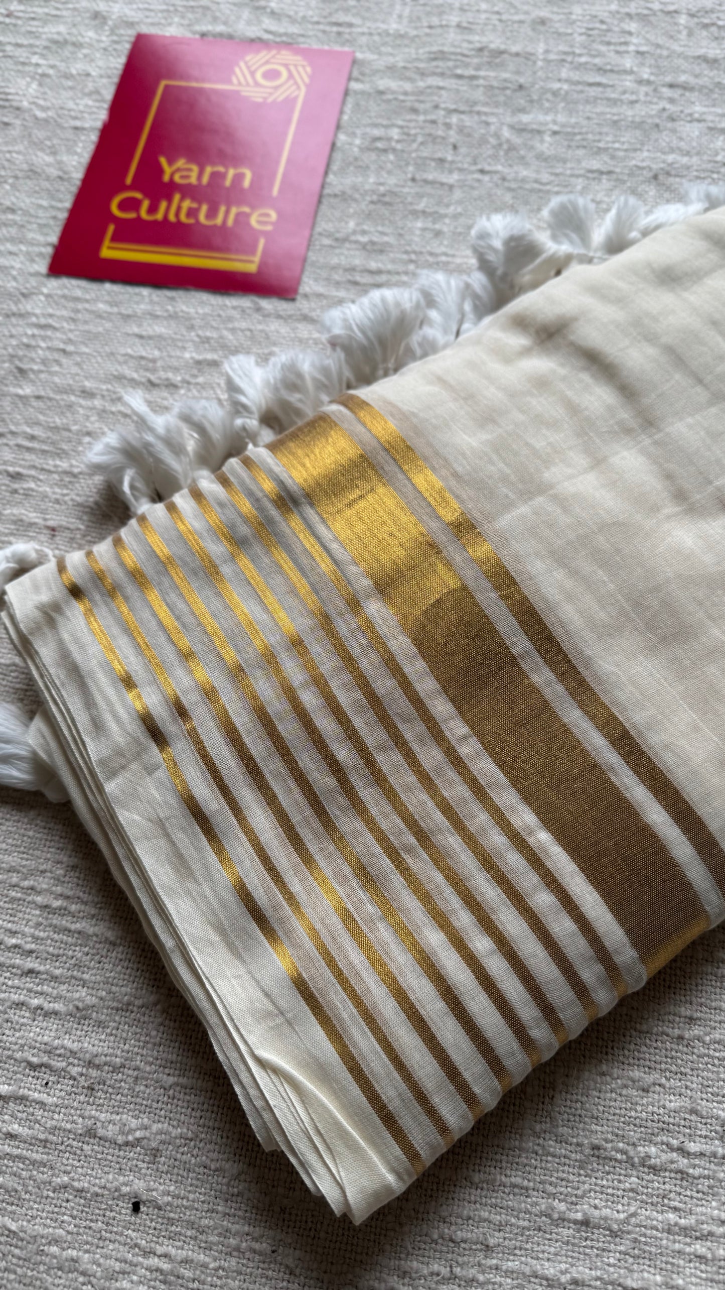 Ivory with gold striped border, mul cotton - YCON25BCM34