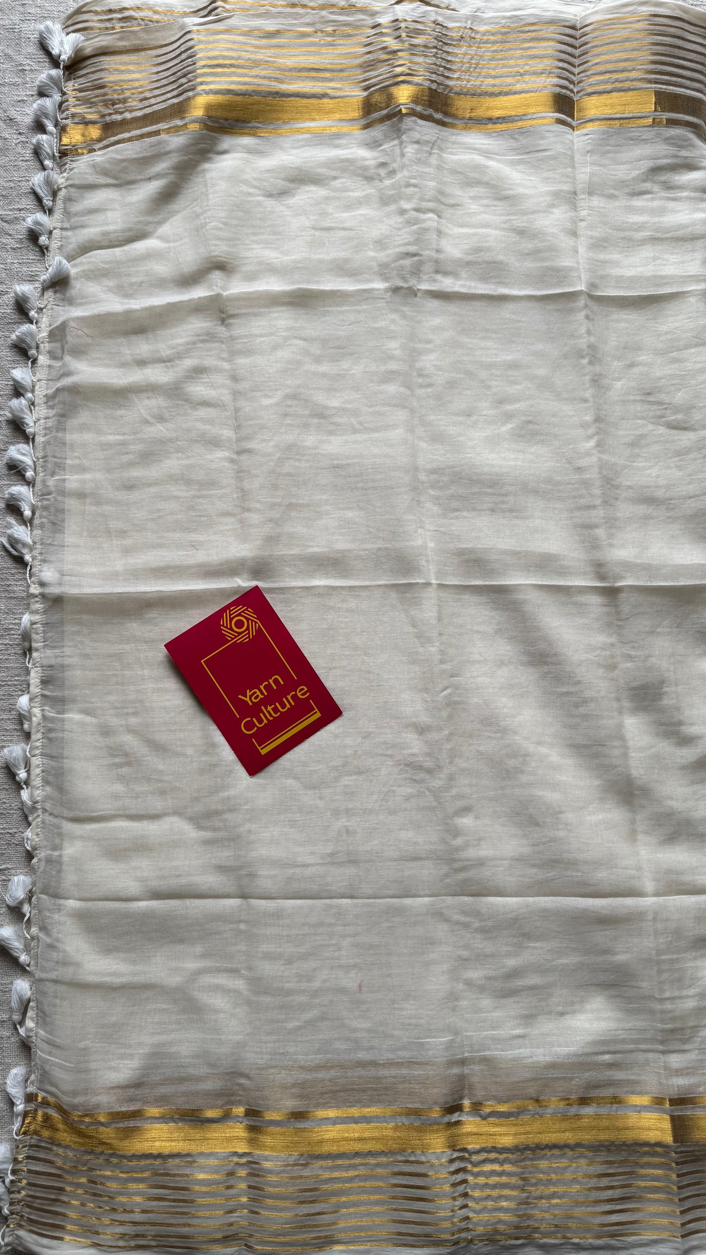 Ivory with gold striped border, mul cotton - YCON25BCM34