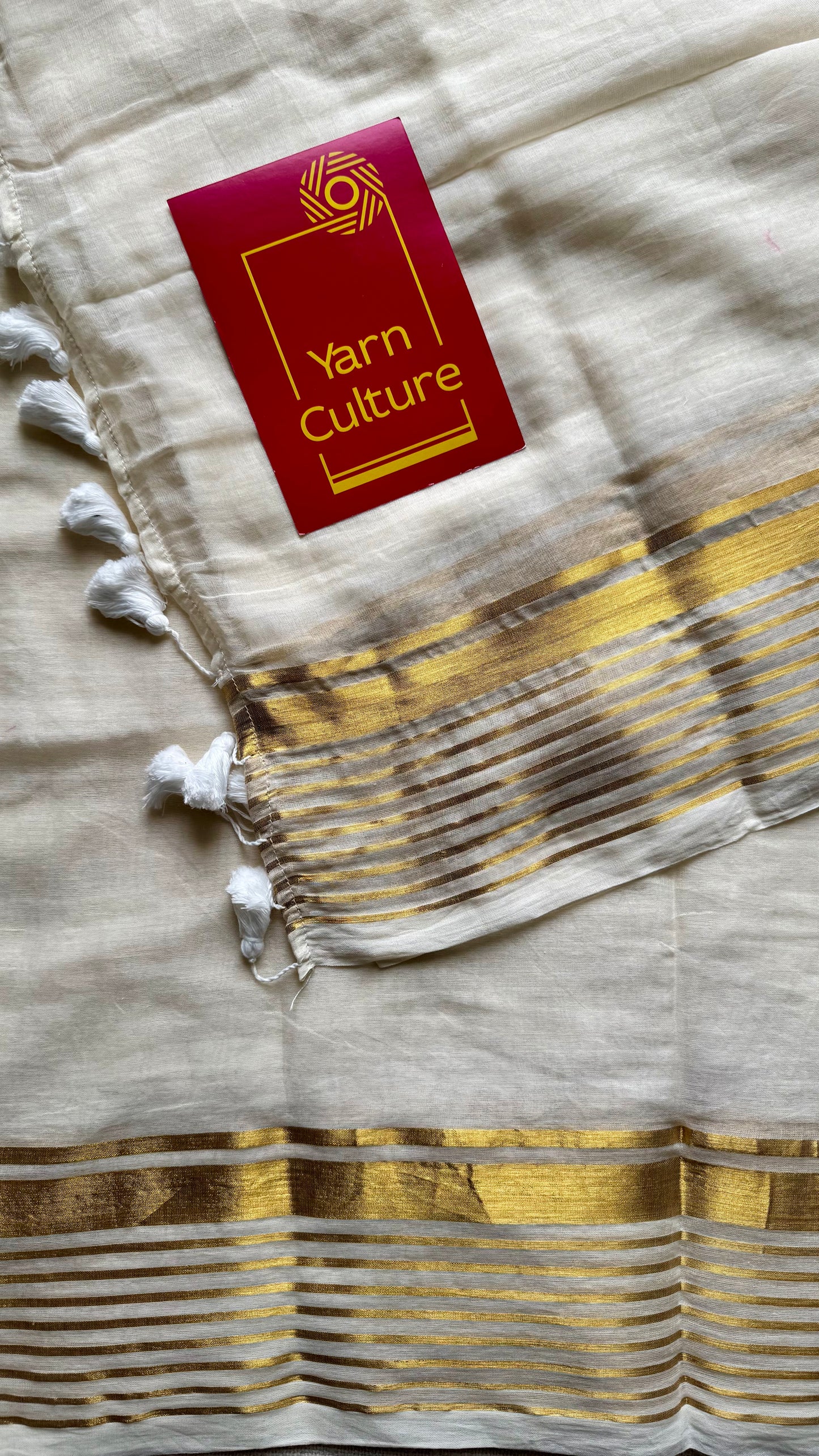 Ivory with gold striped border, mul cotton - YCON25BCM34