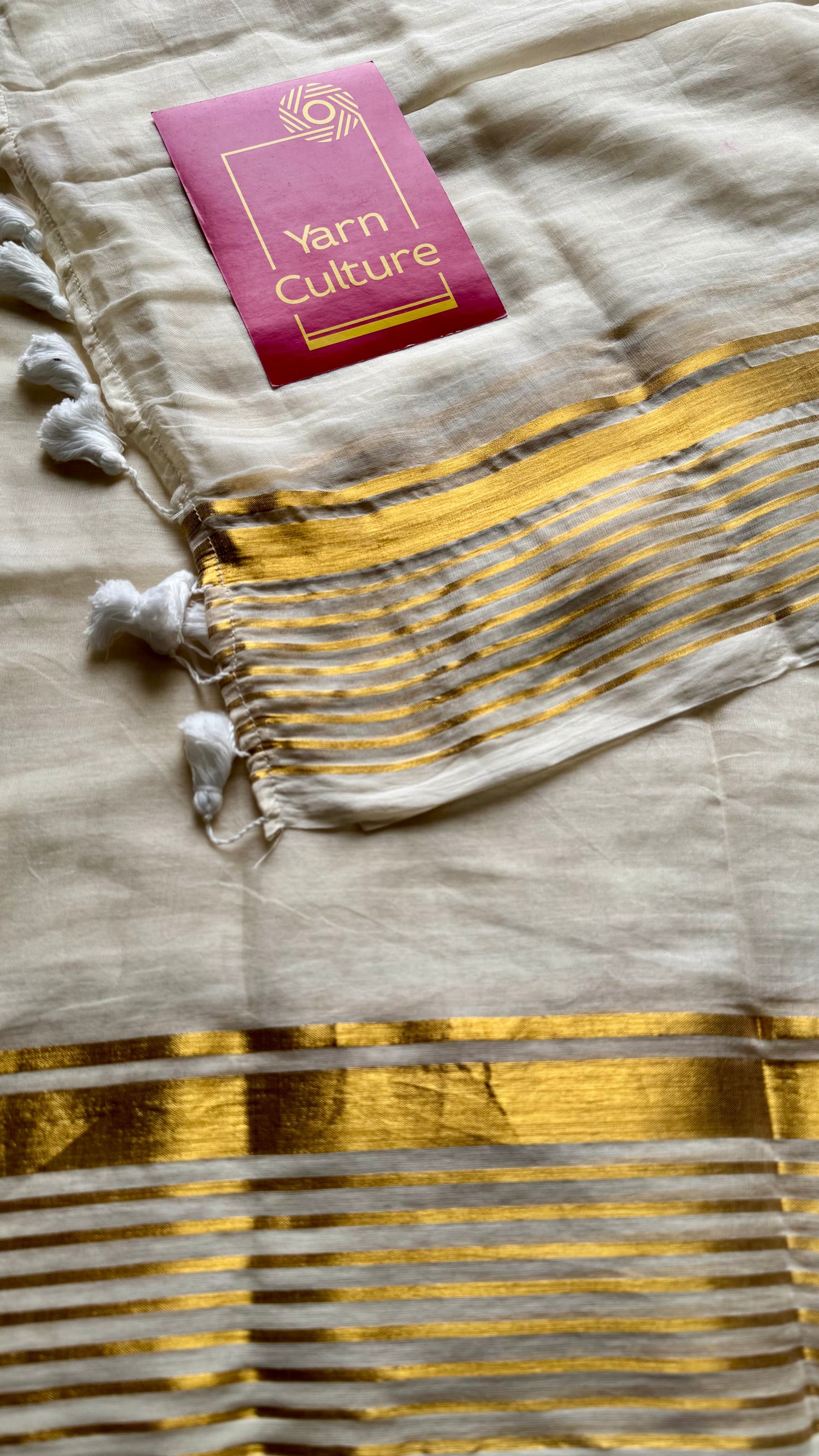 Ivory with gold striped border, mul cotton - YCON25BCM34