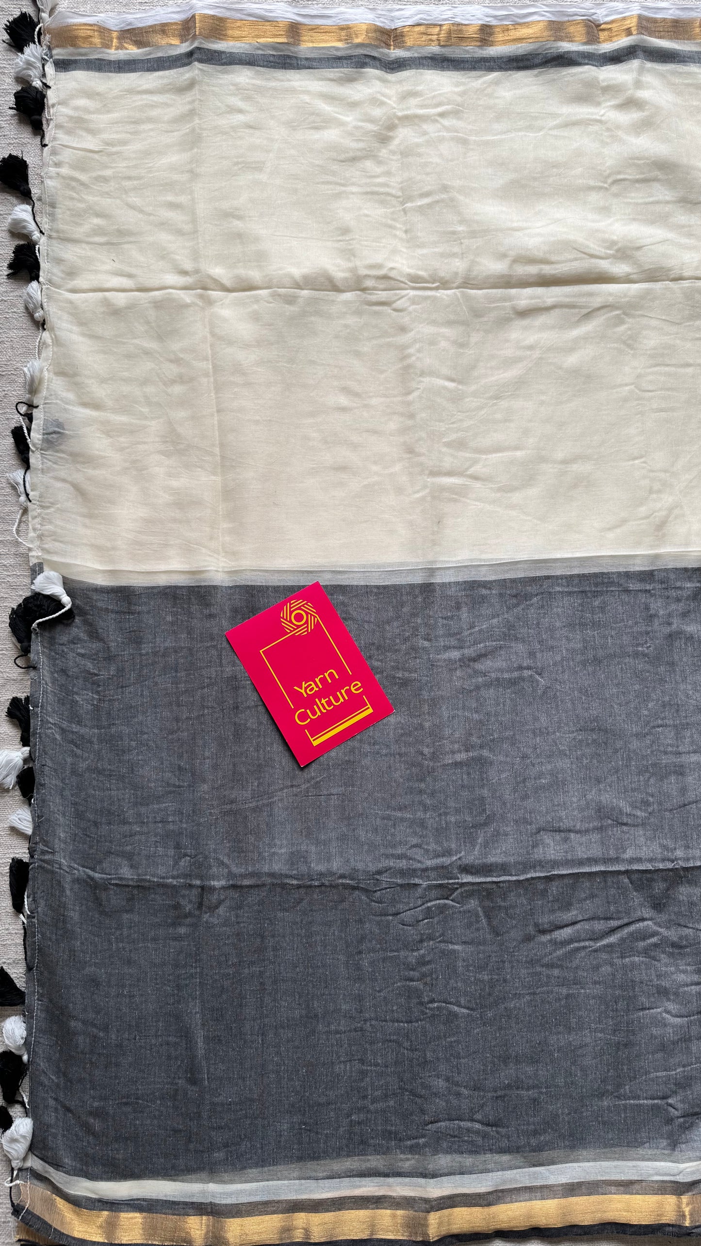 Ivory with dark grey and antique gold zari border, mul cotton - YCONBCM236