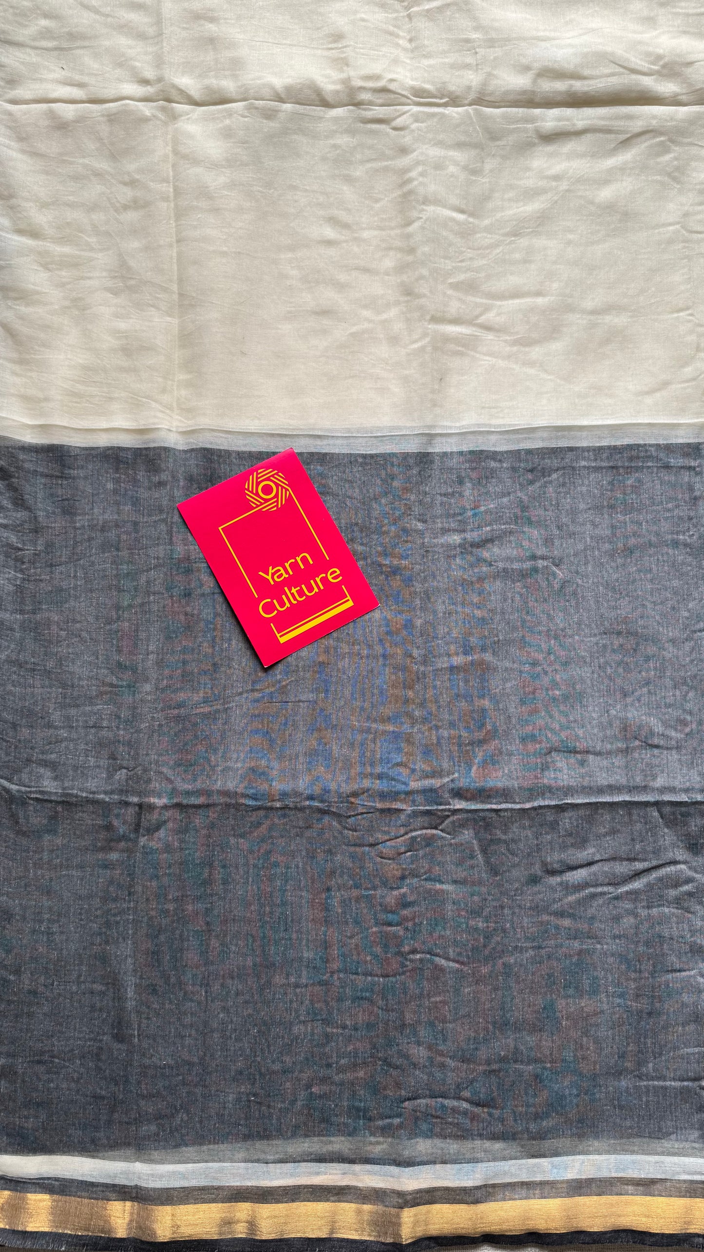 Ivory with dark grey and antique gold zari border, mul cotton - YCONBCM236
