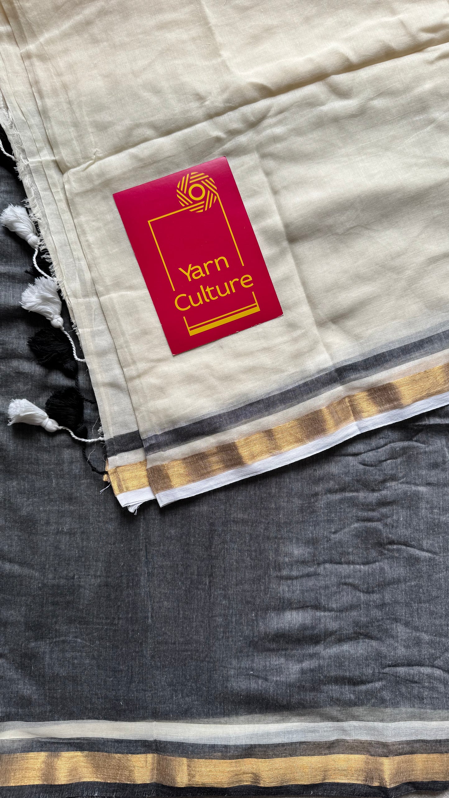 Ivory with dark grey and antique gold zari border, mul cotton - YCONBCM236