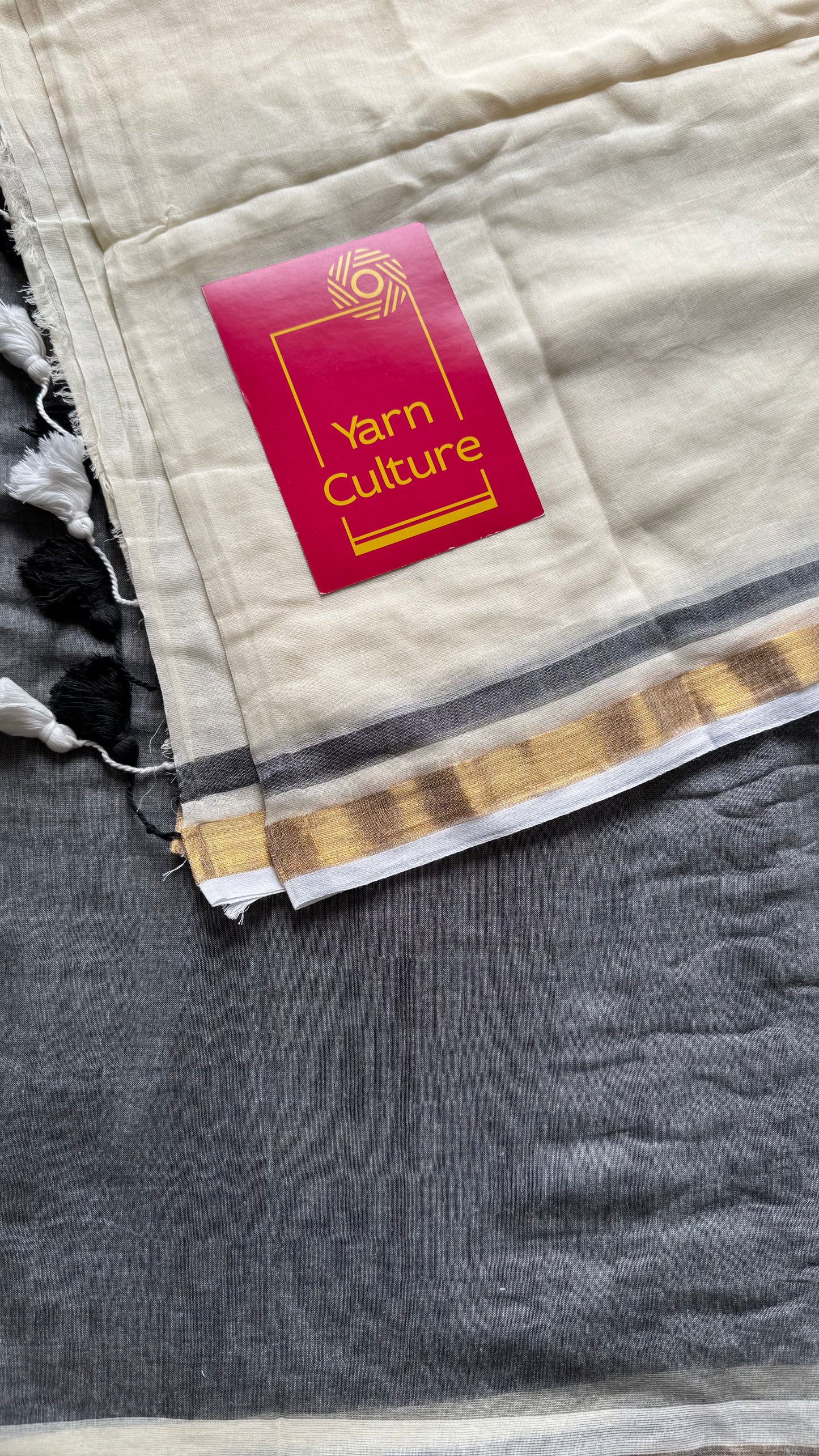 Ivory with dark grey and antique gold zari border, mul cotton - YCONBCM236