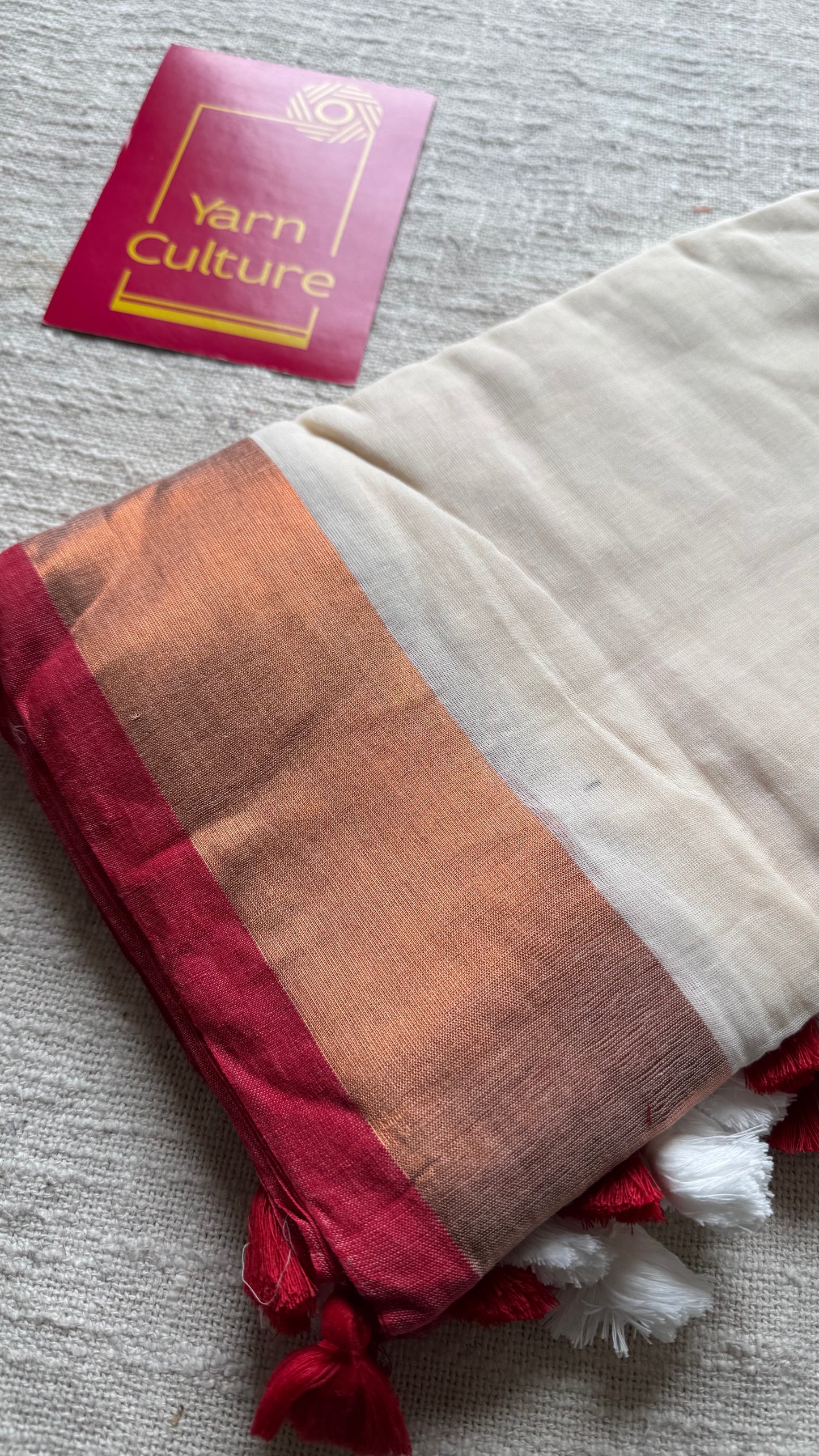 Ivory with dark red highlighted antique gold zari border, mul cotton - YCON25BCM27