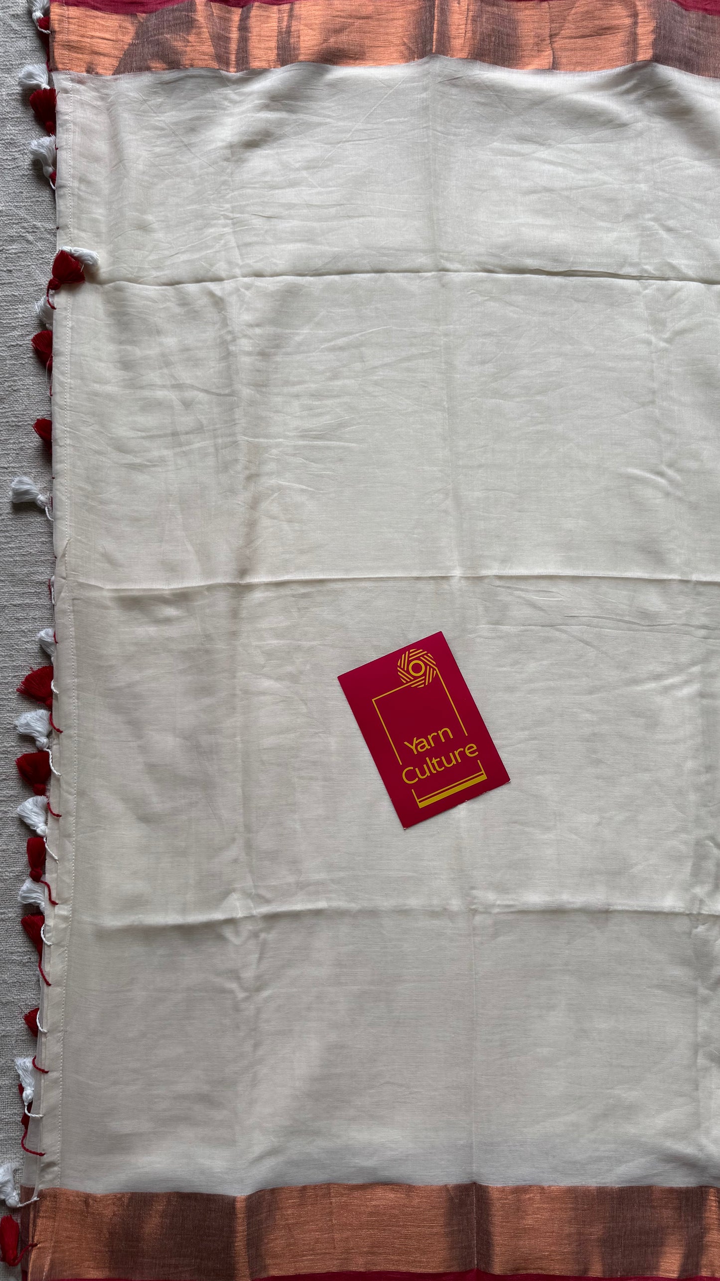 Ivory with dark red highlighted antique gold zari border, mul cotton - YCON25BCM27