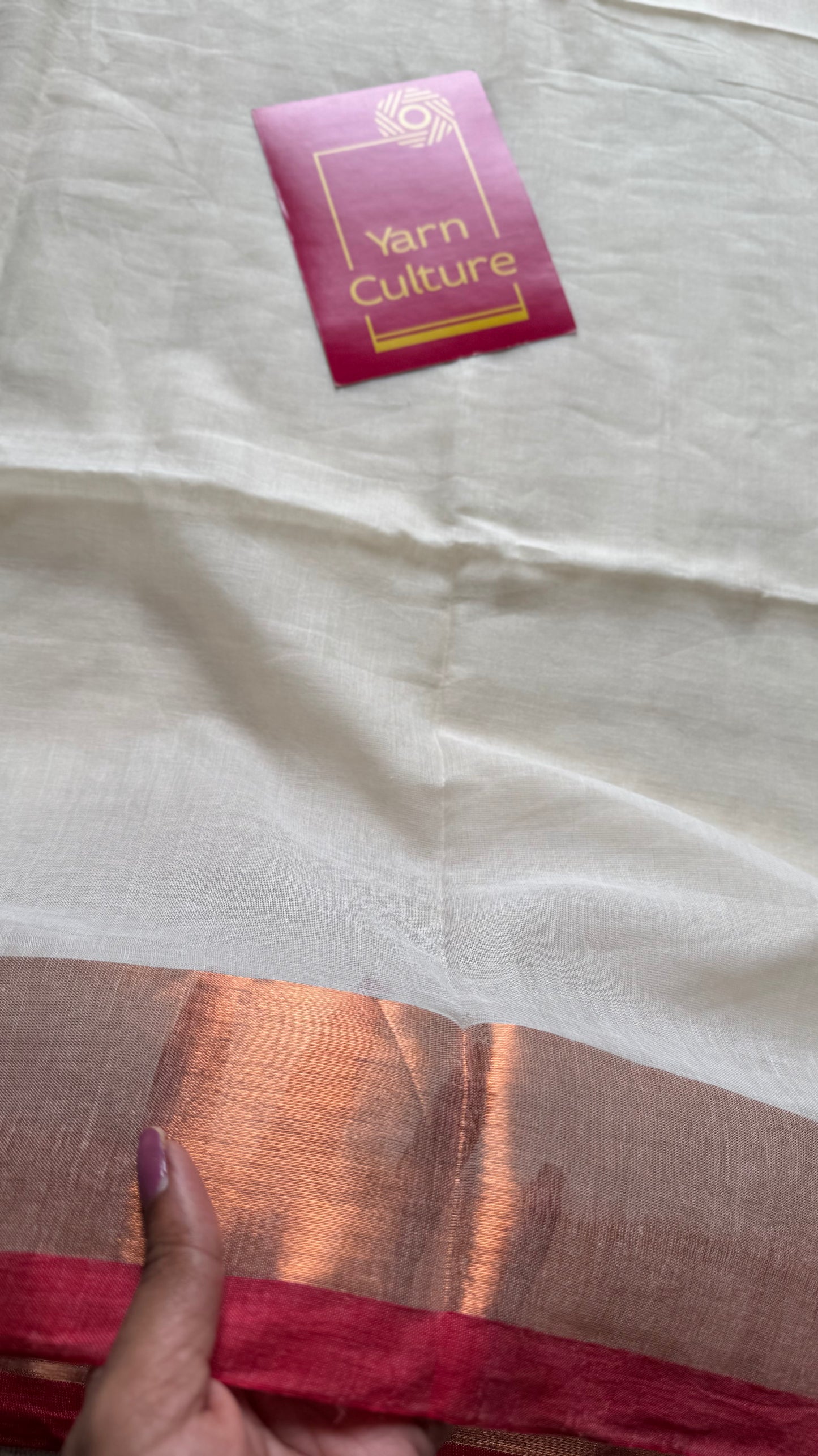 Ivory with dark red highlighted antique gold zari border, mul cotton - YCON25BCM27