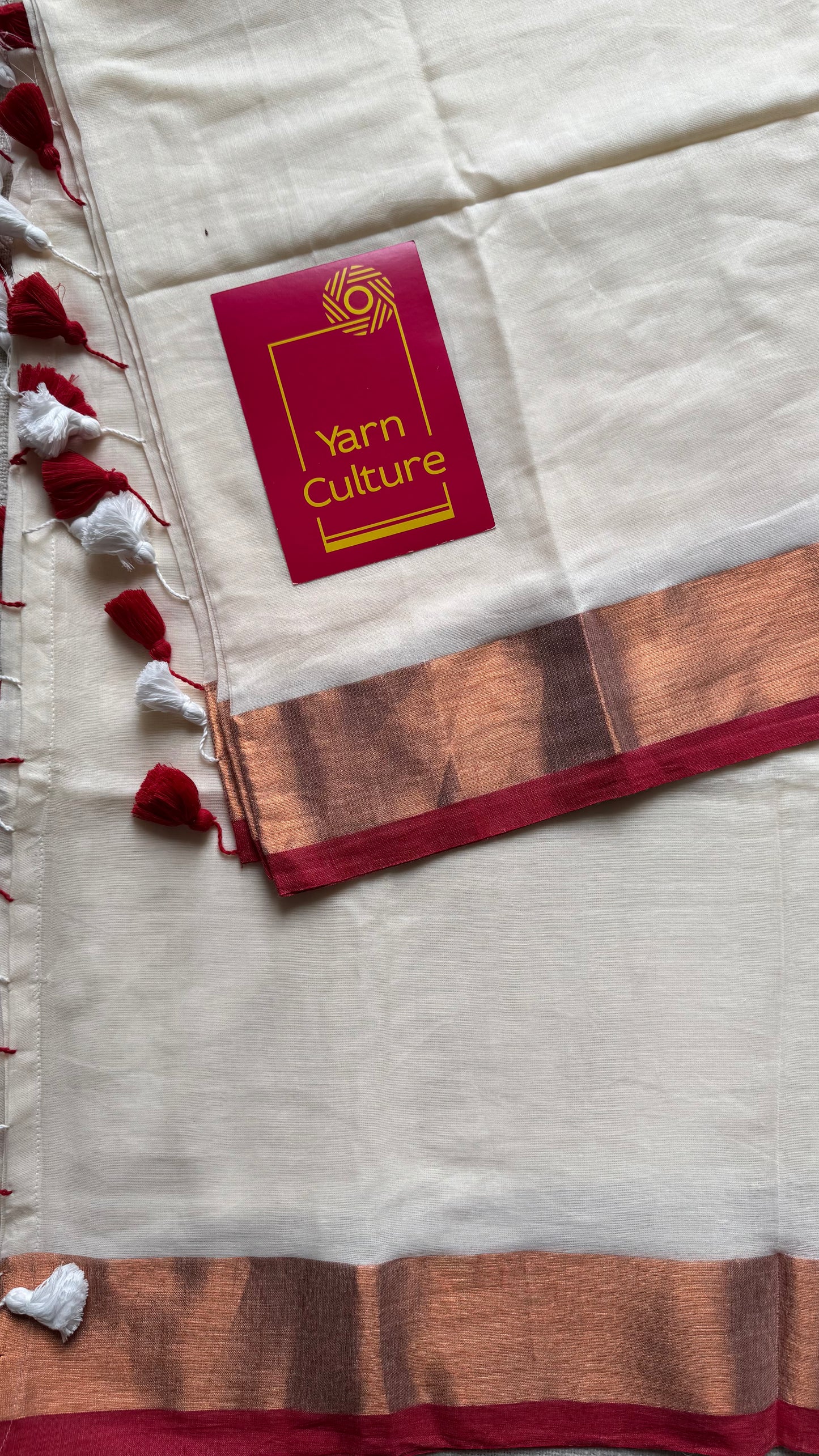 Ivory with dark red highlighted antique gold zari border, mul cotton - YCON25BCM27