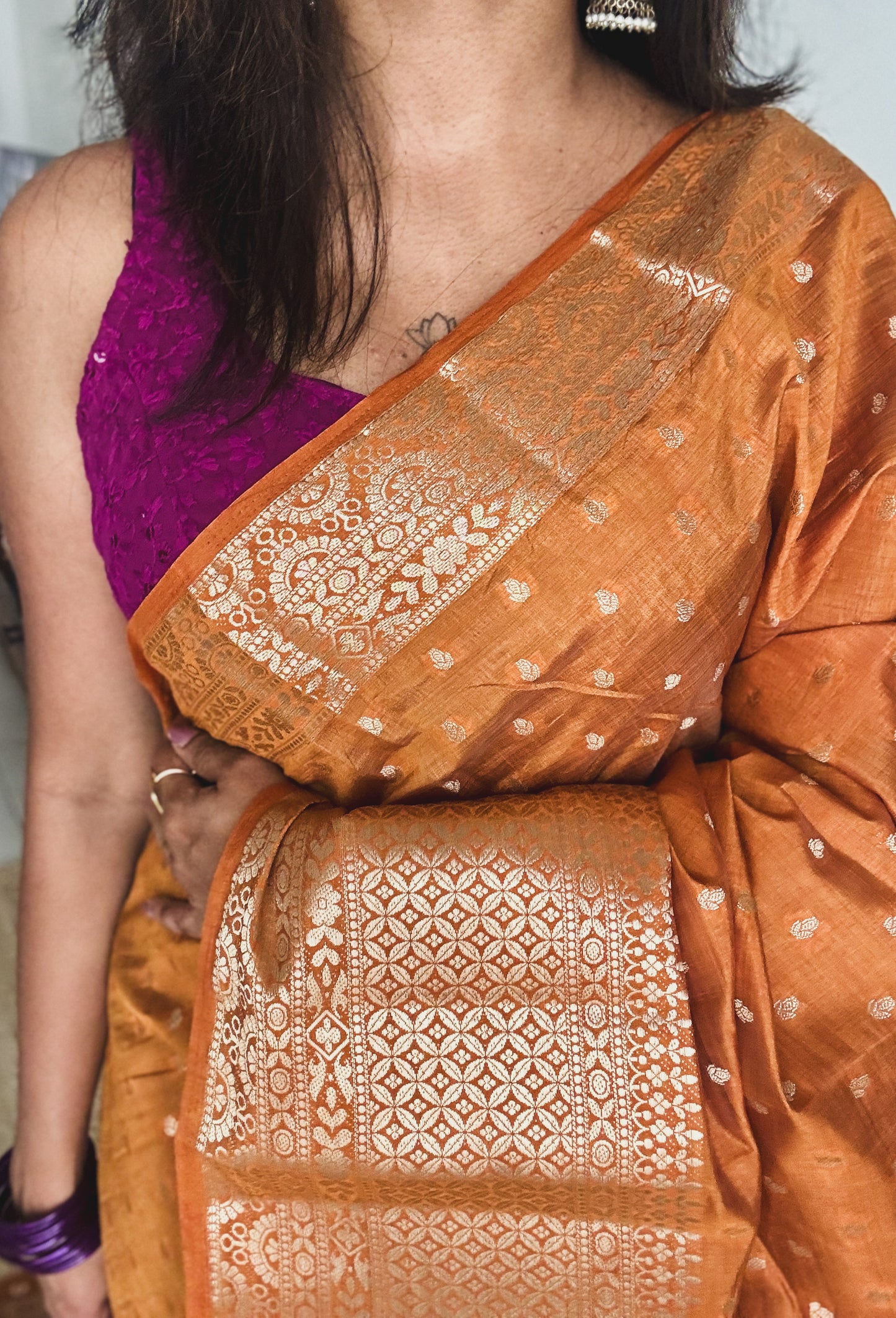 Rust orange with antique gold zari - Semi Raw Silk - YCRT01
