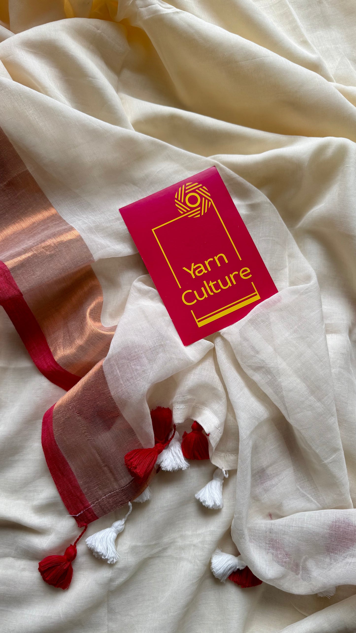 Ivory with dark red highlighted antique gold zari border, mul cotton - YCON25BCM27