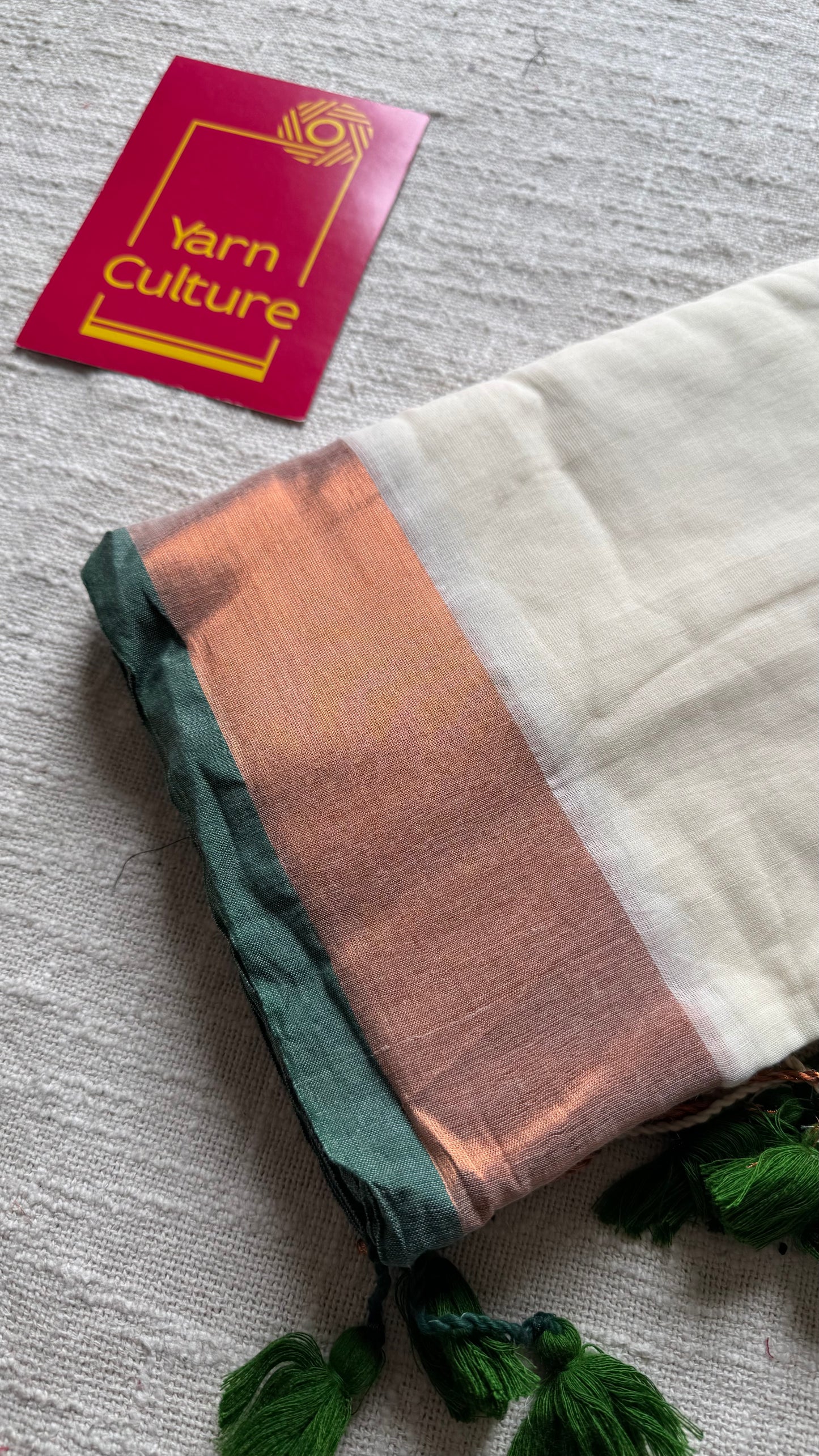 Ivory with green highlighted antique gold zari border, mul cotton - YCON25BCM26