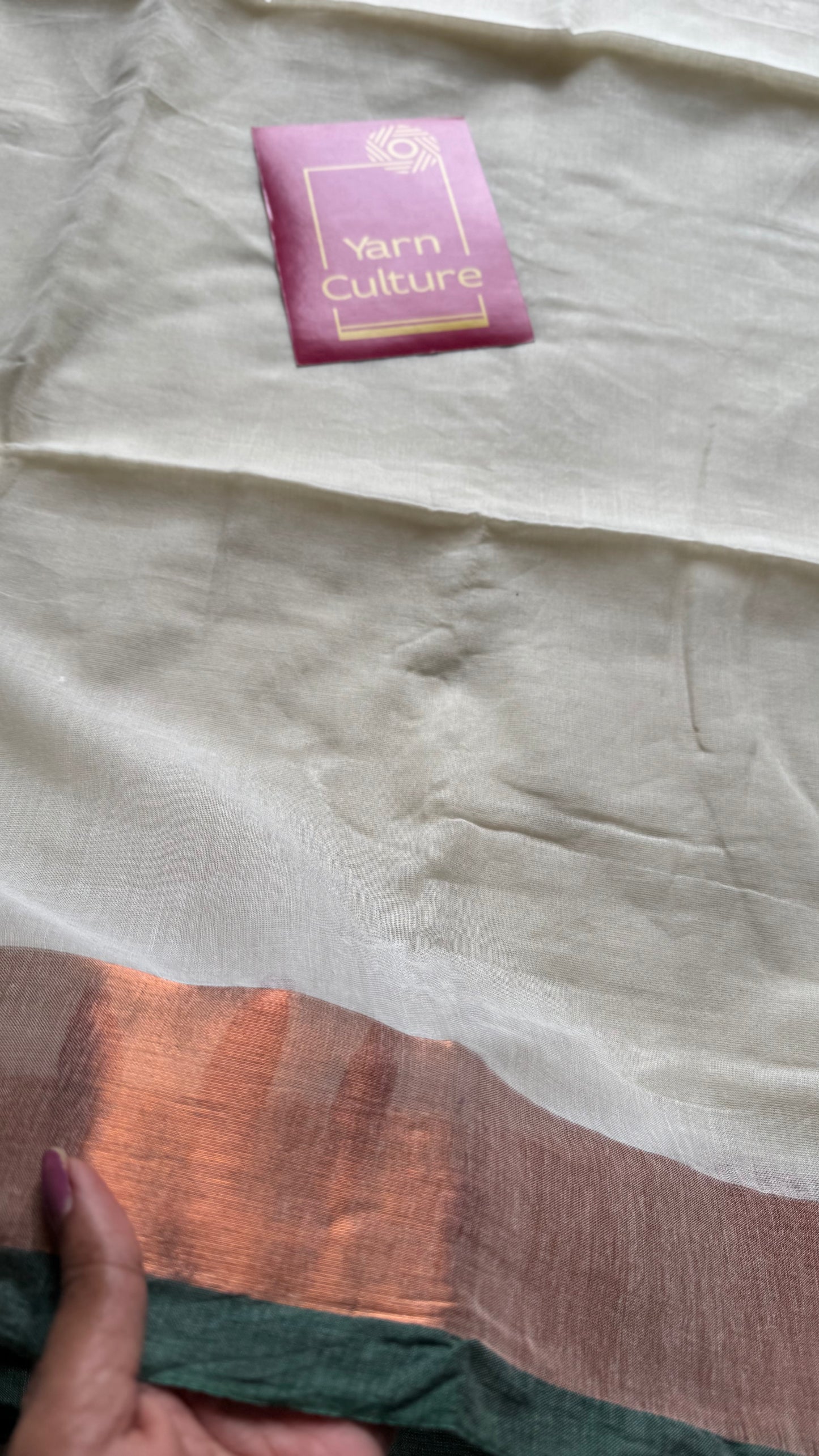Ivory with green highlighted antique gold zari border, mul cotton - YCON25BCM26
