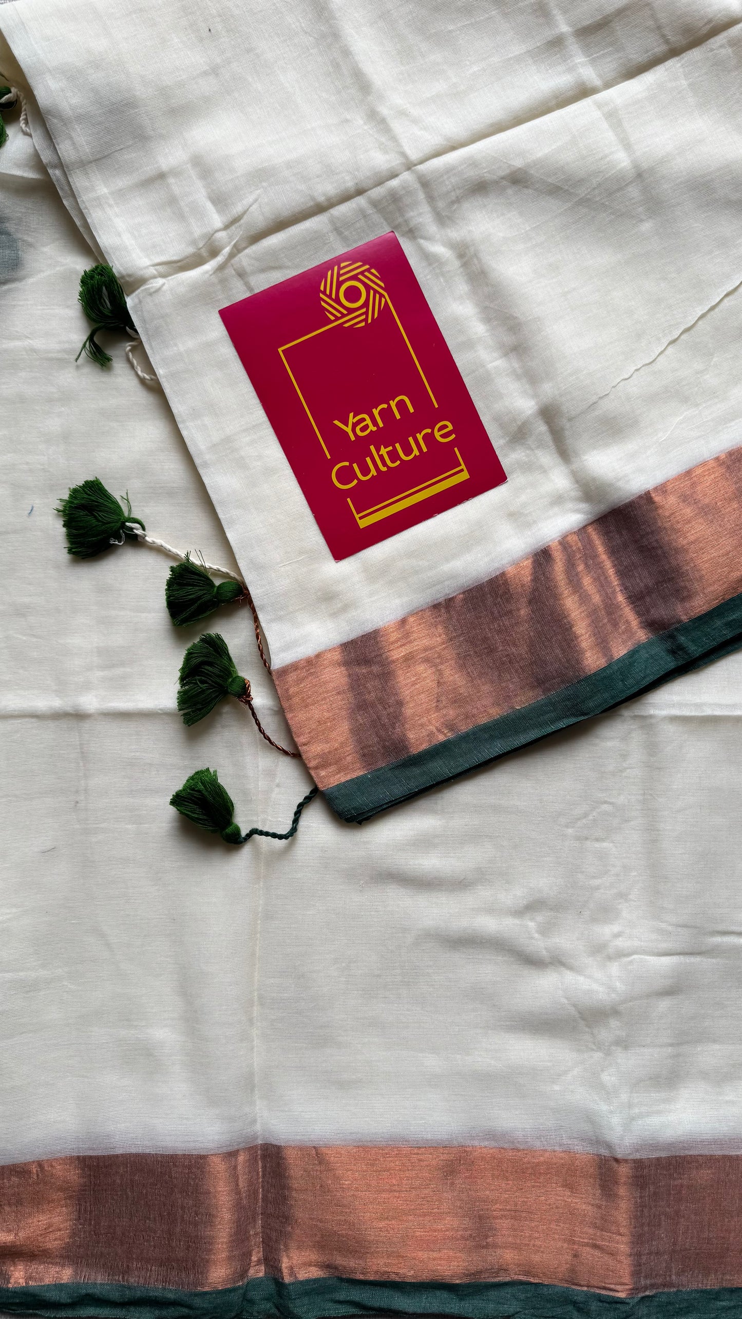 Ivory with green highlighted antique gold zari border, mul cotton - YCON25BCM26