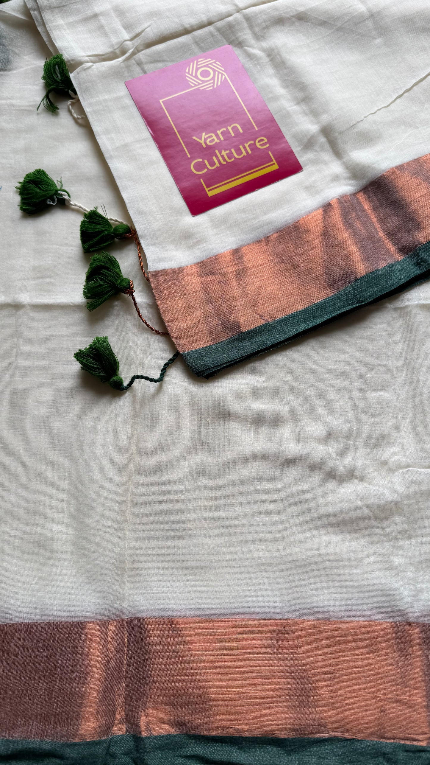 Ivory with green highlighted antique gold zari border, mul cotton - YCON25BCM26