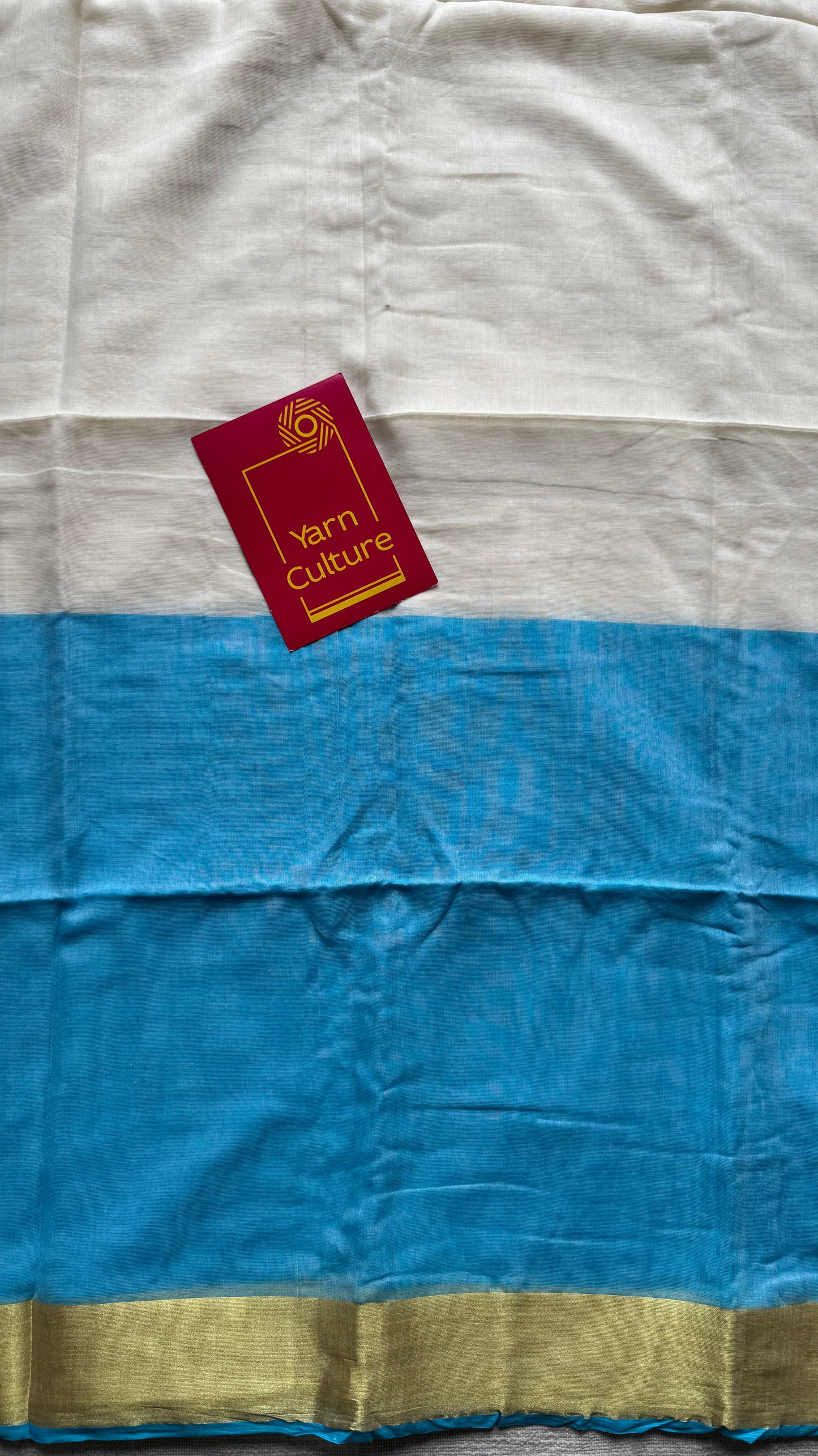 Ivory with dyed blue and antique gold zari border, mul cotton - YCON25BCM24