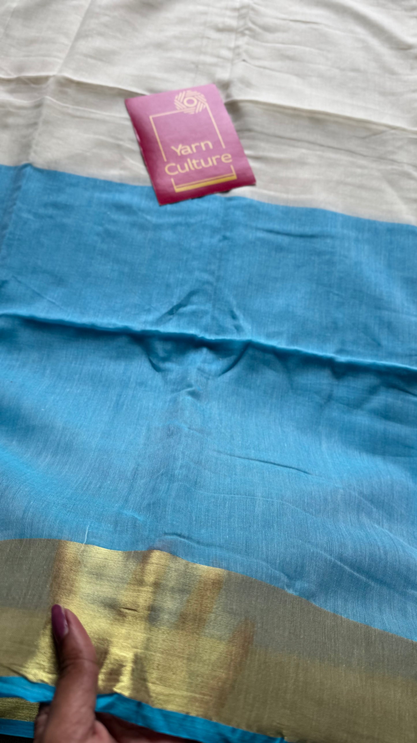 Ivory with dyed blue and antique gold zari border, mul cotton - YCON25BCM24