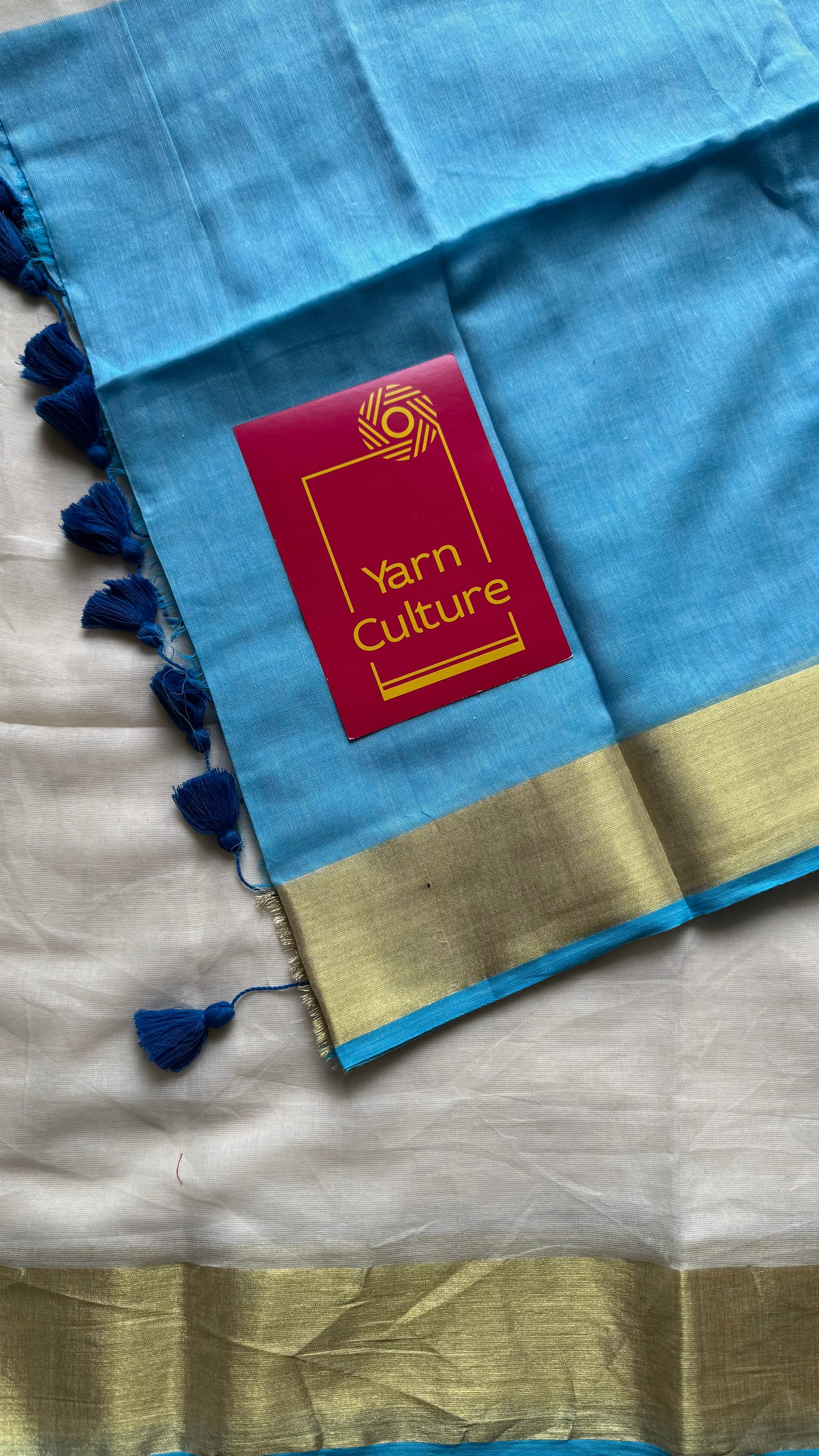 Ivory with dyed blue and antique gold zari border, mul cotton - YCON25BCM24