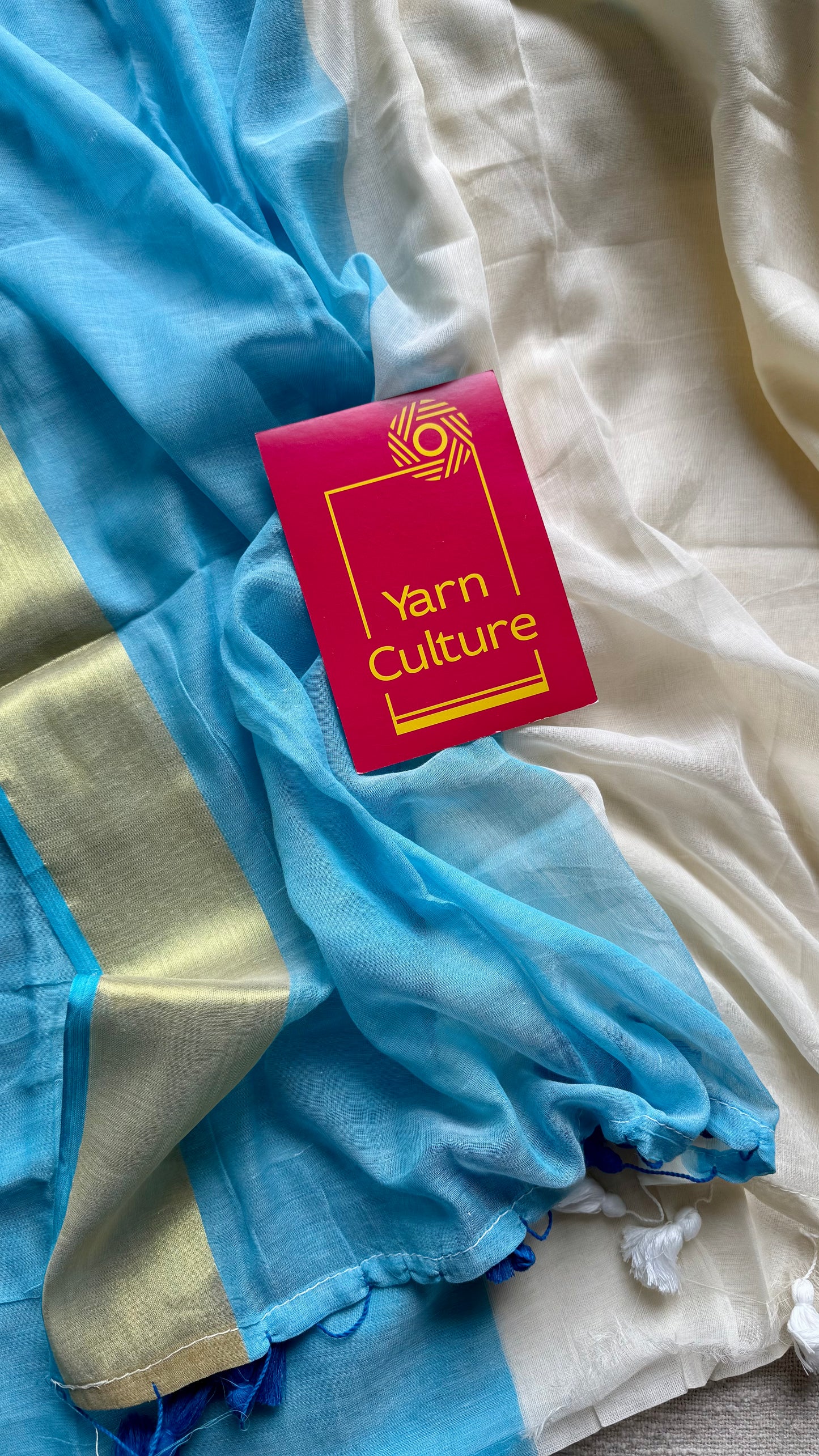 Ivory with dyed blue and antique gold zari border, mul cotton - YCON25BCM24