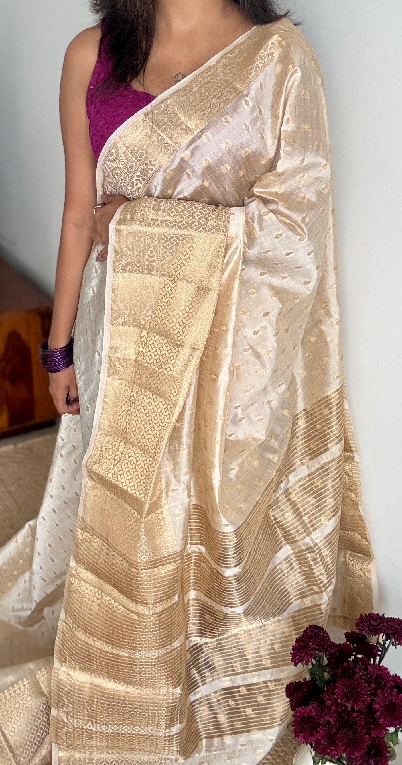 Ivory with antique gold zari - Semi Raw Silk