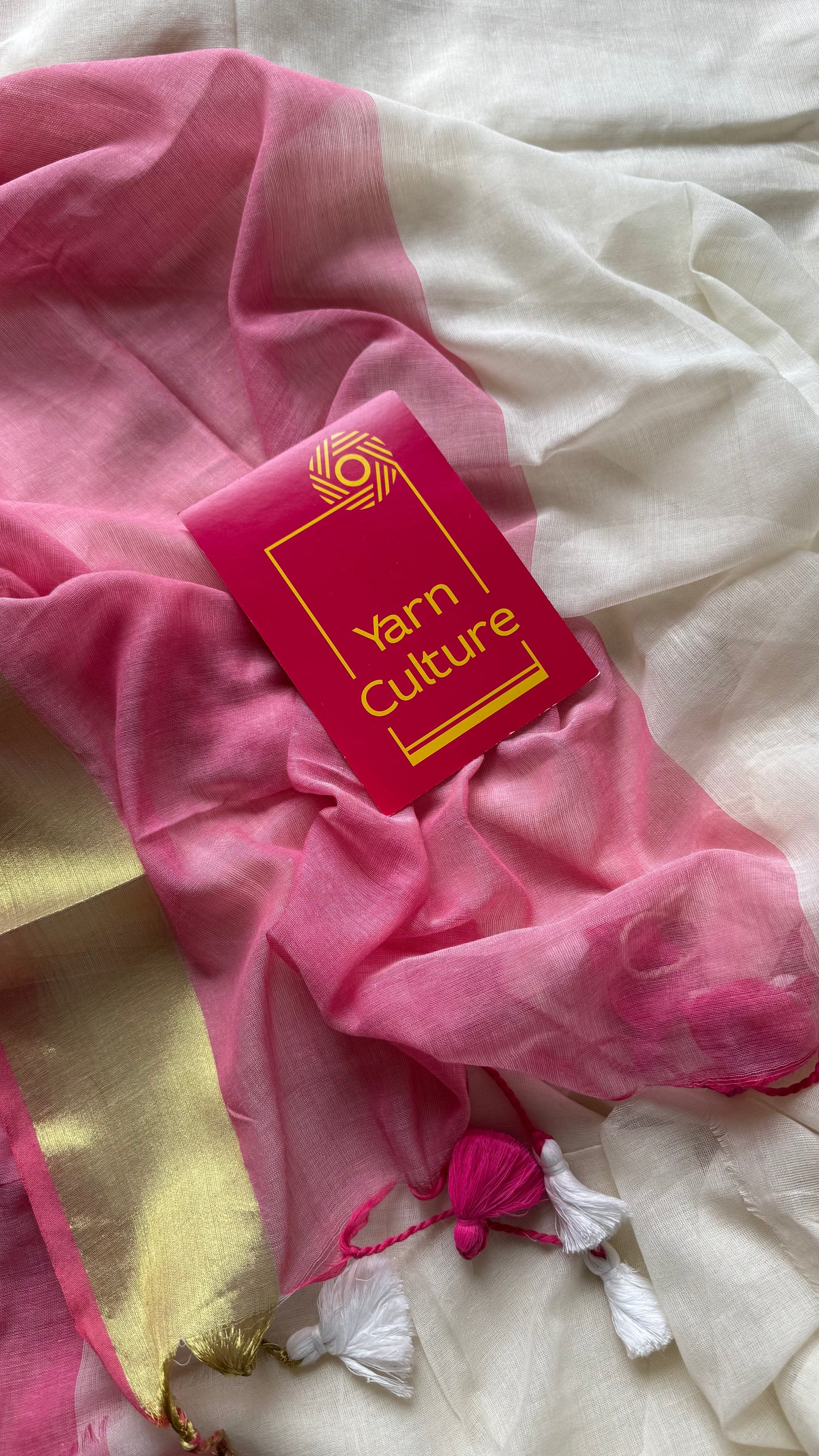 Ivory with dyed pink and bright gold border, mul cotton - YCON25BCM41