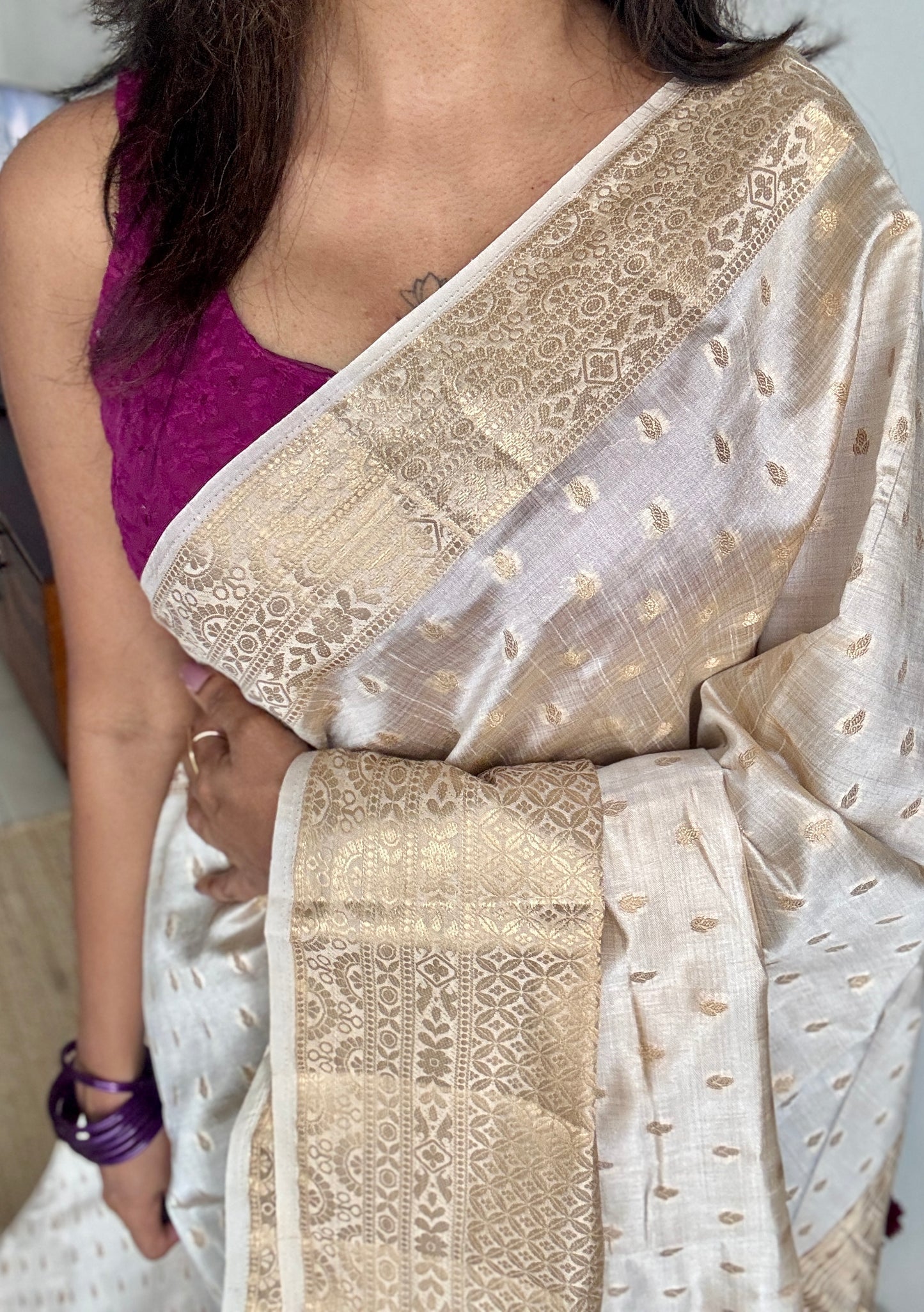 Ivory with antique gold zari - Semi Raw Silk