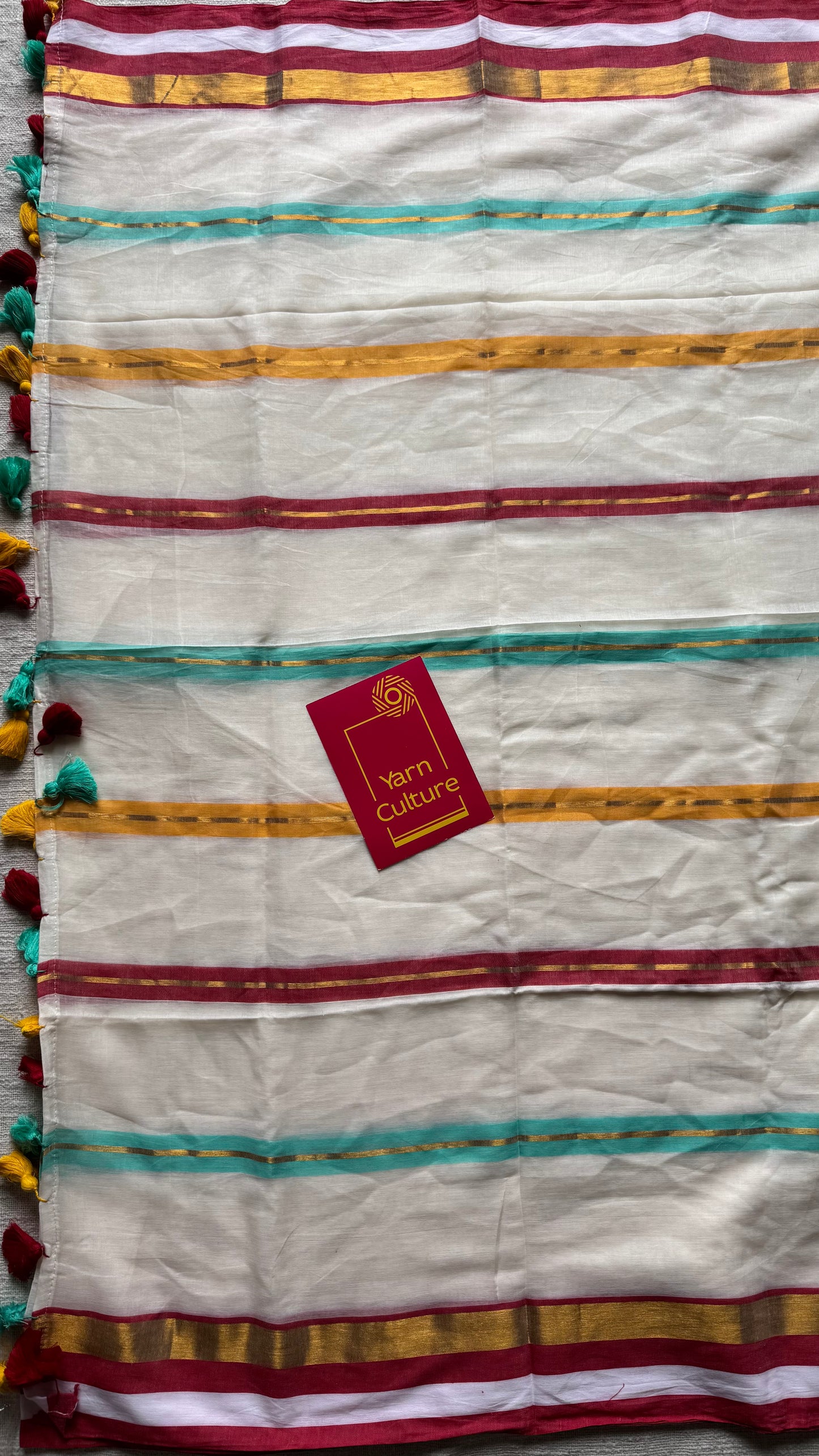 Ivory with blue, red and gold striped body & border, mul cotton - YCON25BCM38
