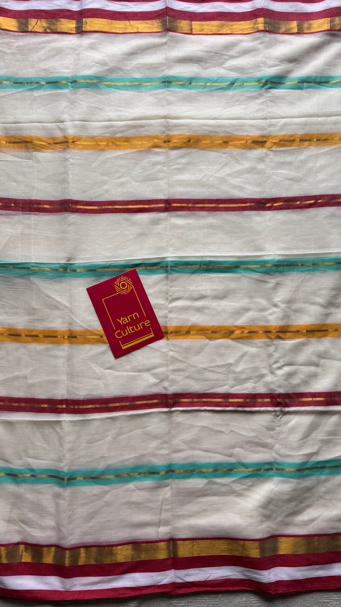 Ivory with blue, red and gold striped body & border, mul cotton - YCON25BCM38