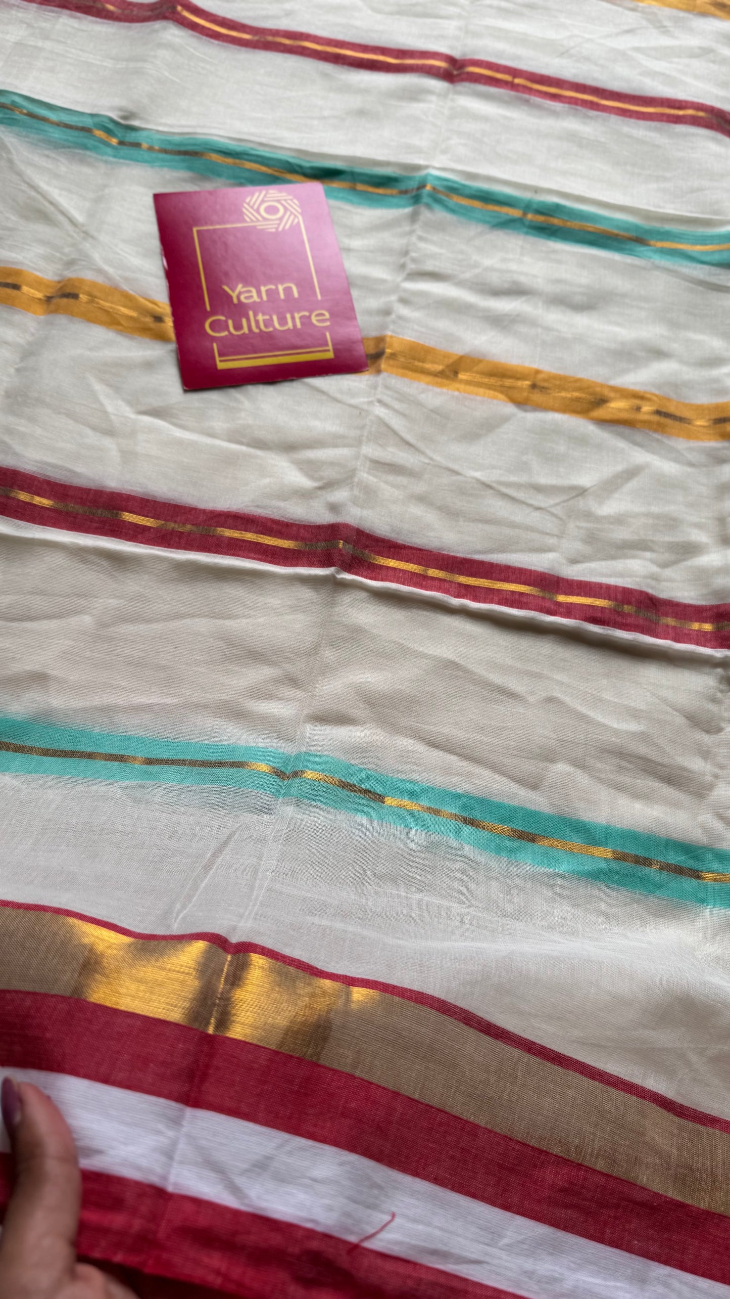 Ivory with blue, red and gold striped body & border, mul cotton - YCON25BCM38