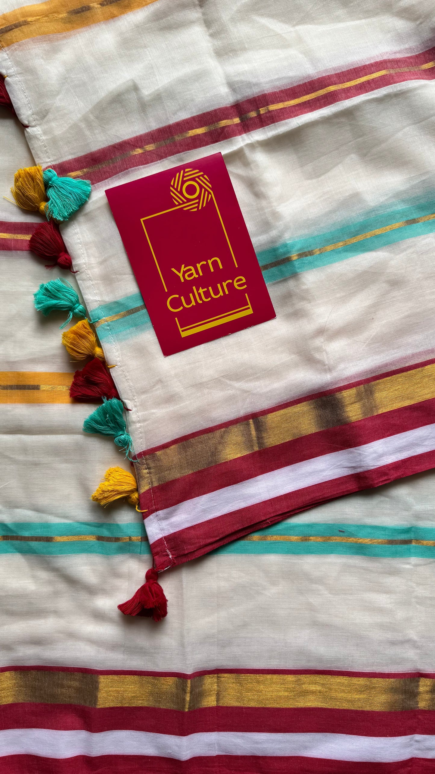 Ivory with blue, red and gold striped body & border, mul cotton - YCON25BCM38