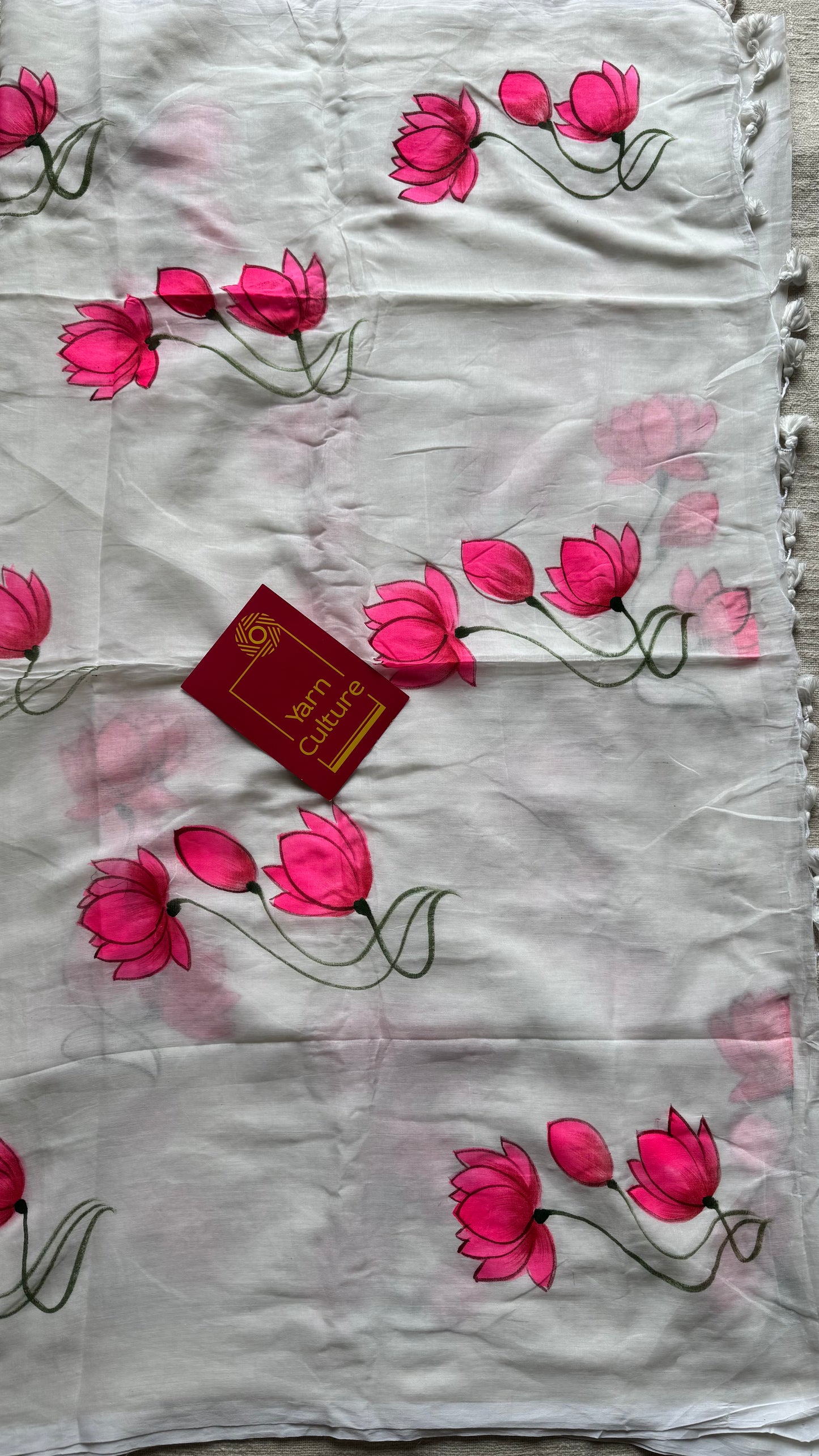 White with bright pink lotus vines, mul cotton - YCON25BCM36