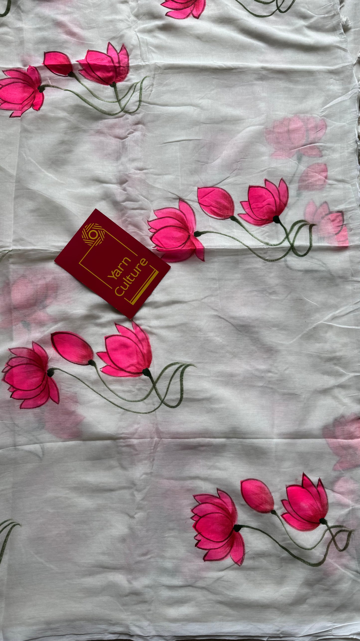 White with bright pink lotus vines, mul cotton - YCON25BCM36