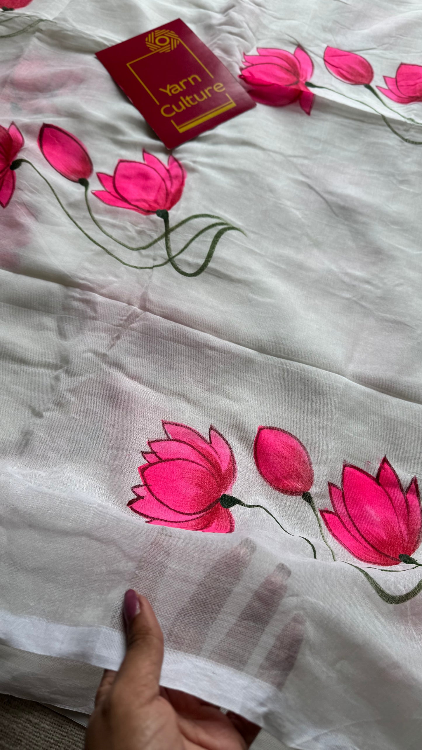 White with bright pink lotus vines, mul cotton - YCON25BCM36
